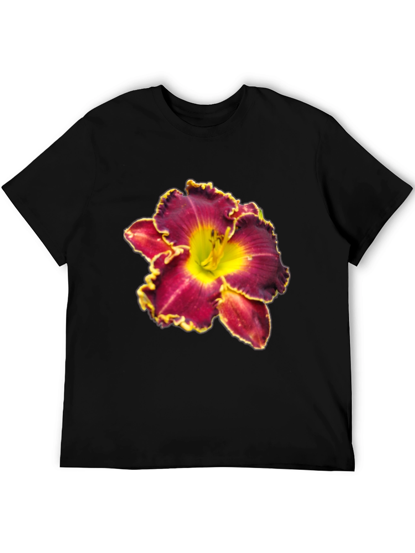 Floral T-Shirt: Maroon & Yellow Lily Design