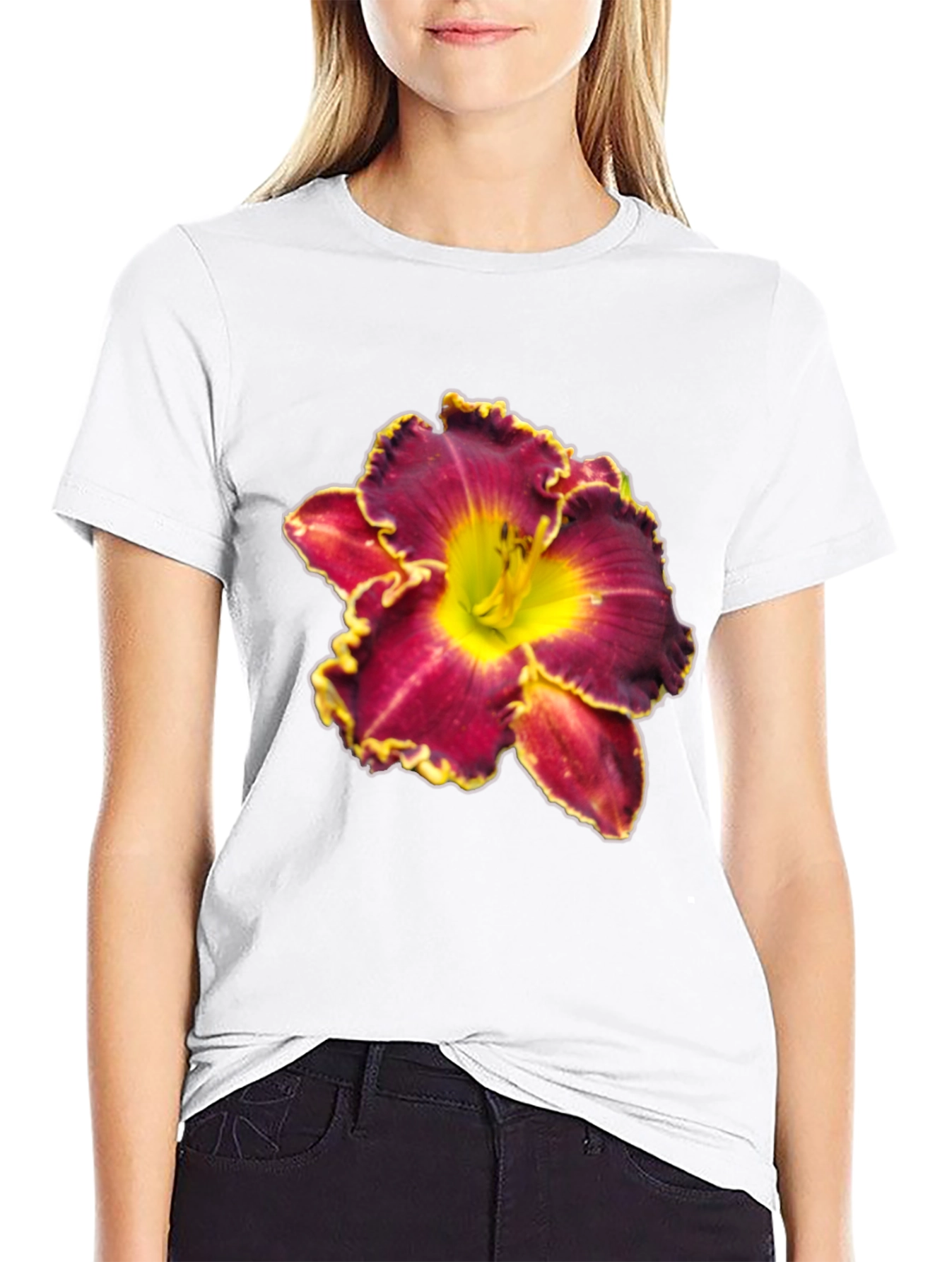 Floral T-Shirt: Maroon & Yellow Lily Design