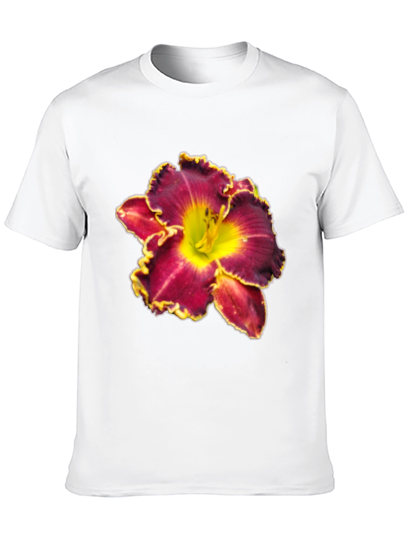Floral T-Shirt: Maroon & Yellow Lily Design