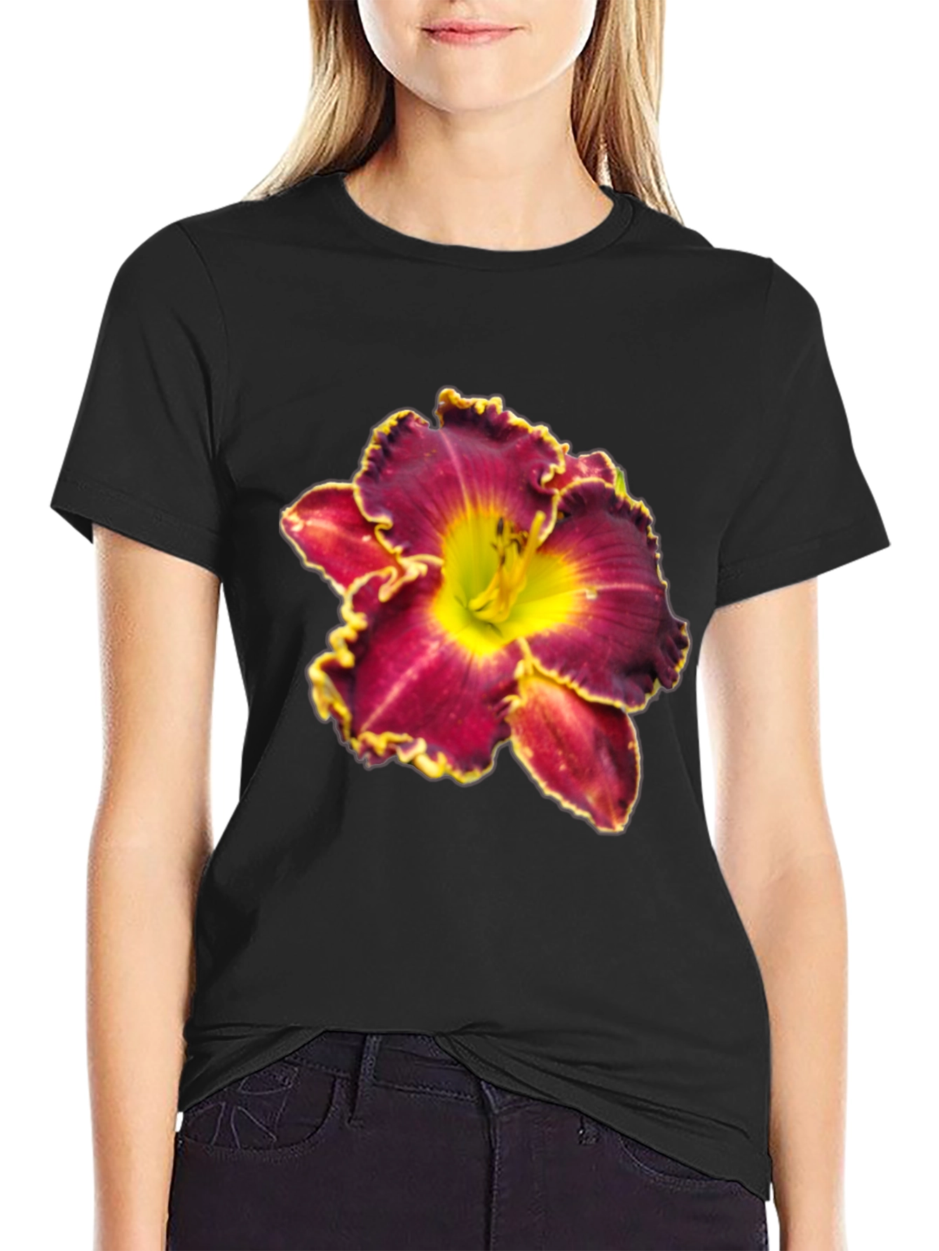 Floral T-Shirt: Maroon & Yellow Lily Design