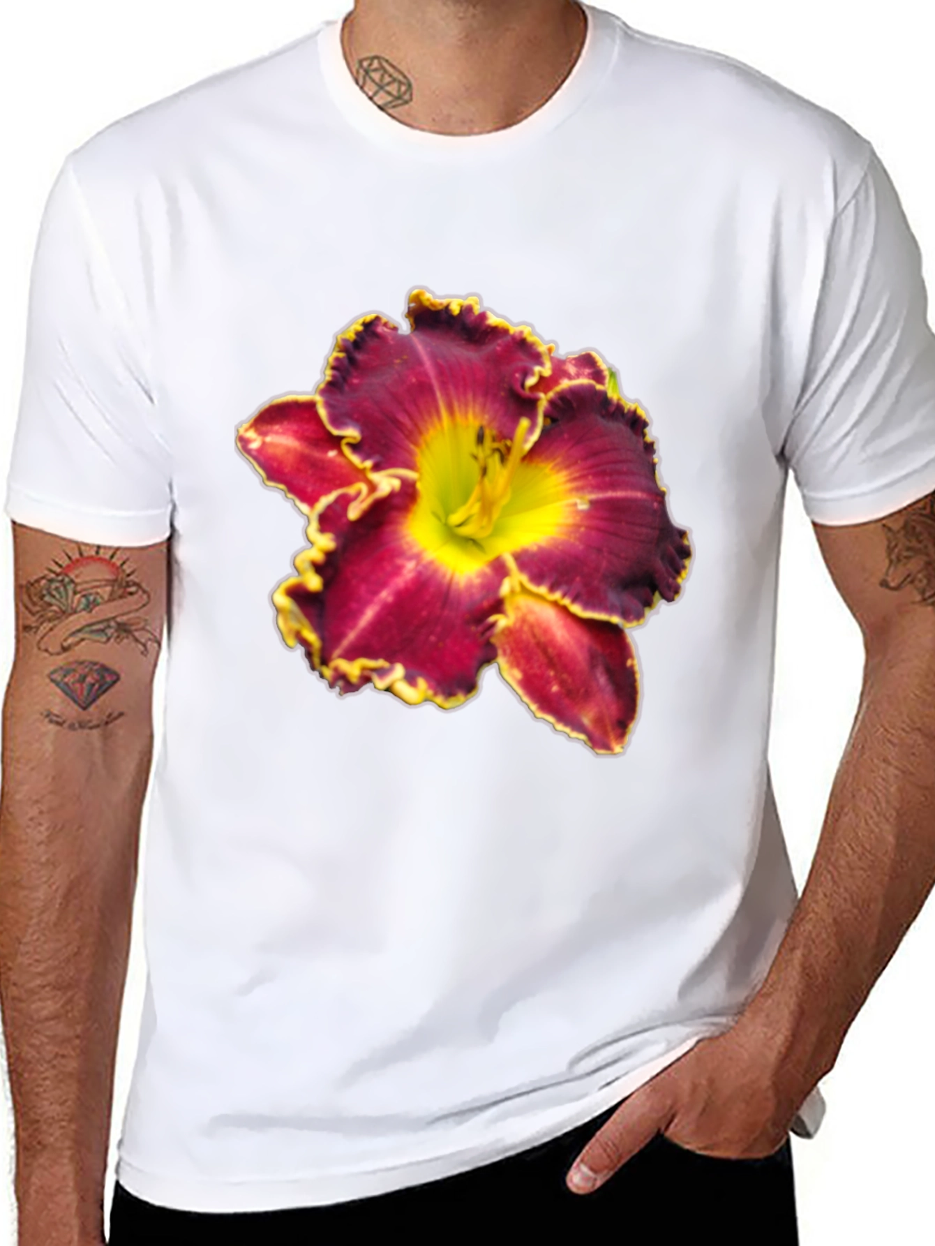 Floral T-Shirt: Maroon & Yellow Lily Design