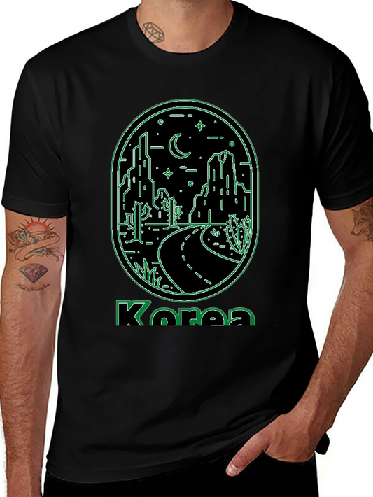 Korea Neon Desert Graphic Tee - Black Cotton Casual T-Shirt