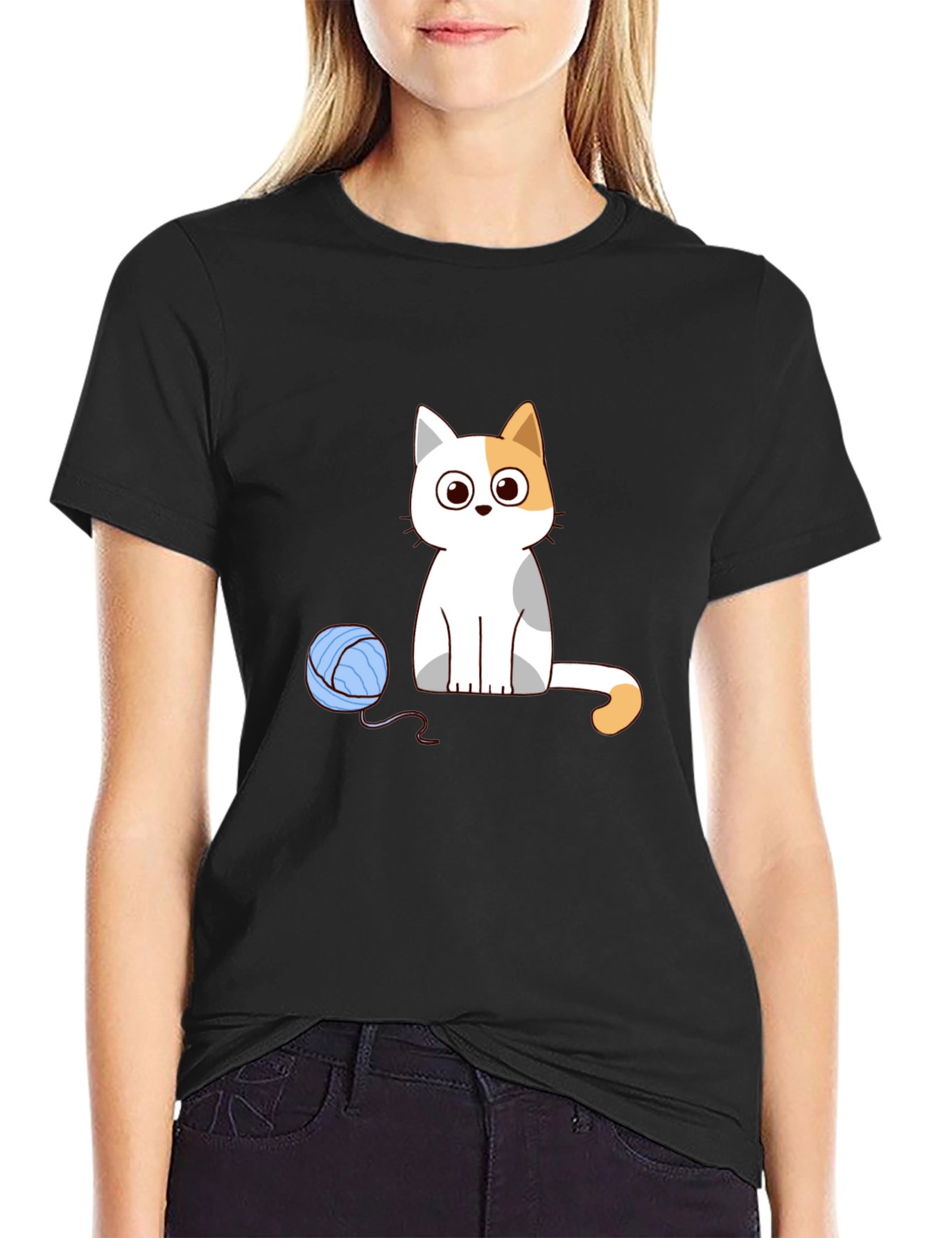 Cartoon Cat & Yarn Ball Graphic Tee