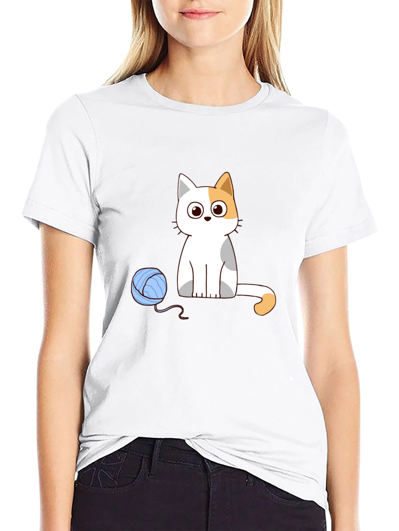 Cartoon Cat & Yarn Ball Graphic Tee