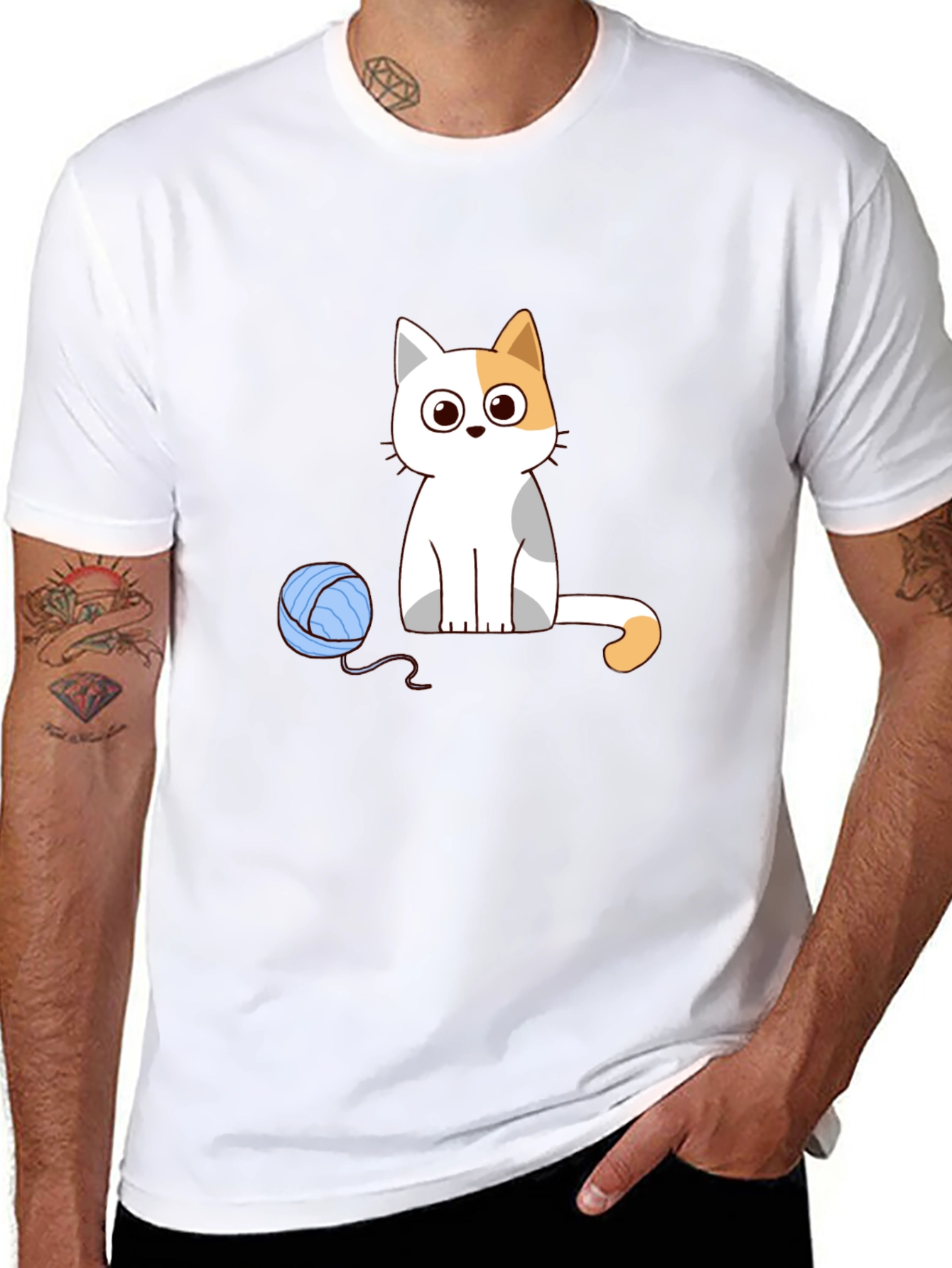 Cartoon Cat & Yarn Ball Graphic Tee