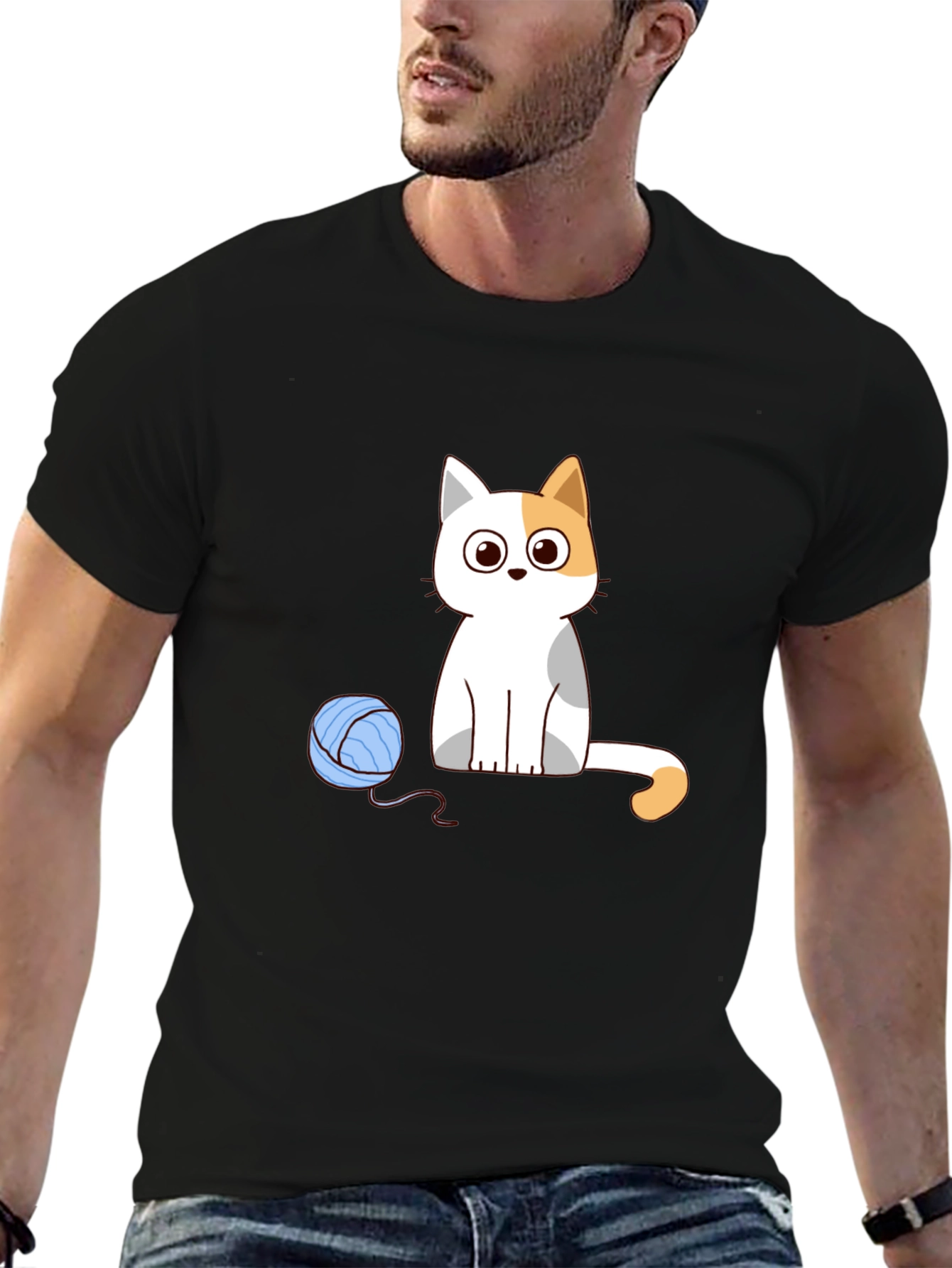 Cartoon Cat & Yarn Ball Graphic Tee
