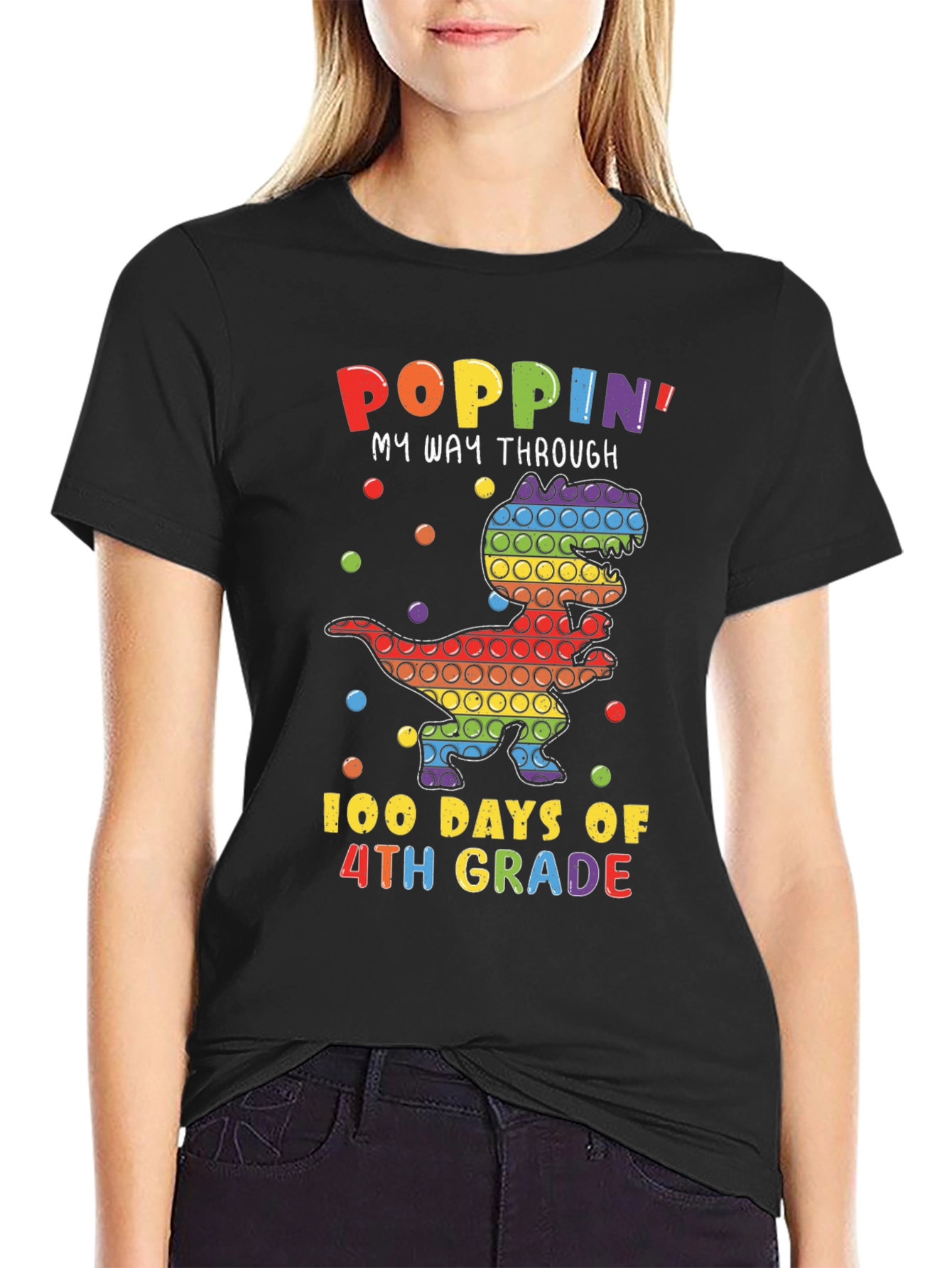 Poppin 100 Days of 4th Grade Dinosaur T-Shirt