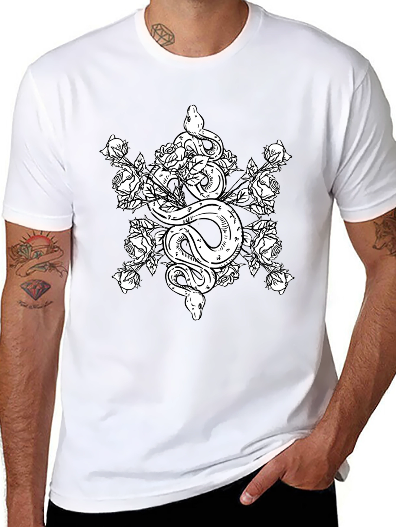 Snake & Roses Graphic Tee - Black Cotton T-Shirt