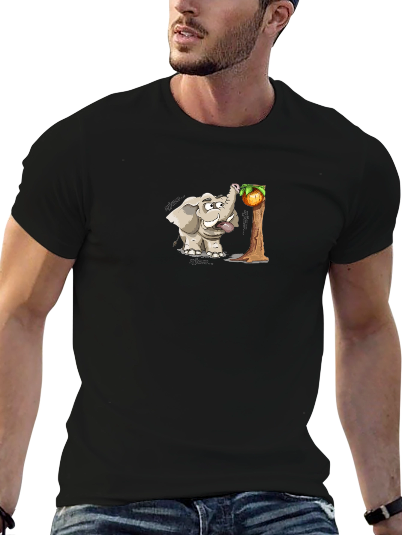 Elephant Cartoon Print Black T-Shirt