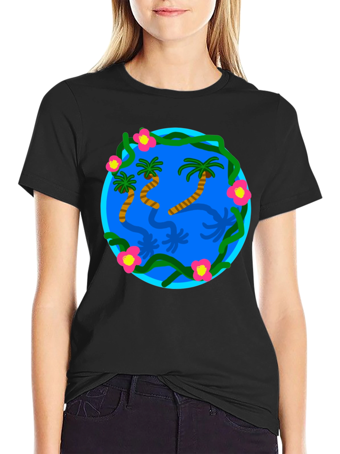 Tropical Island Graphic Black T-Shirt
