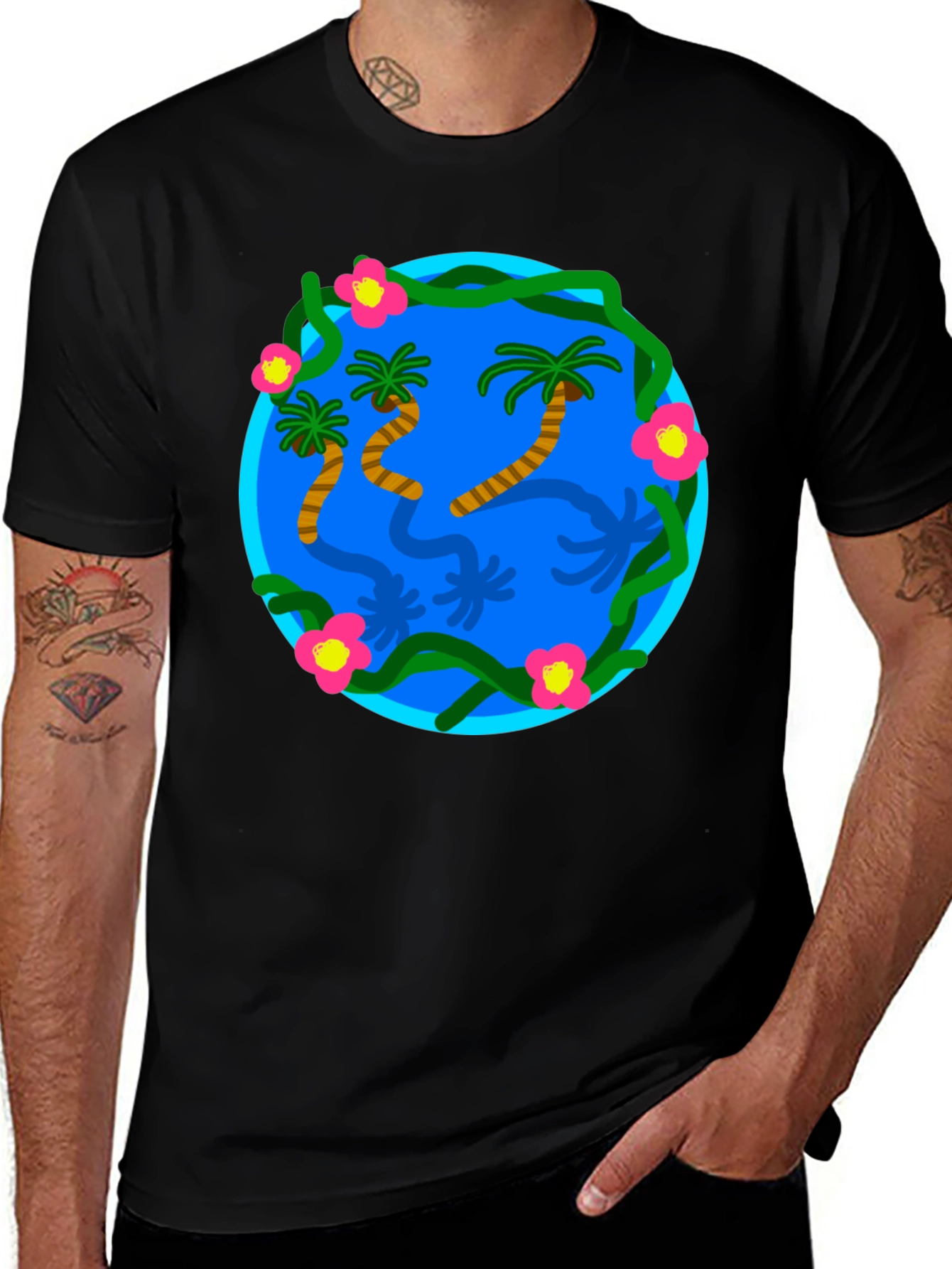 Tropical Island Graphic Black T-Shirt