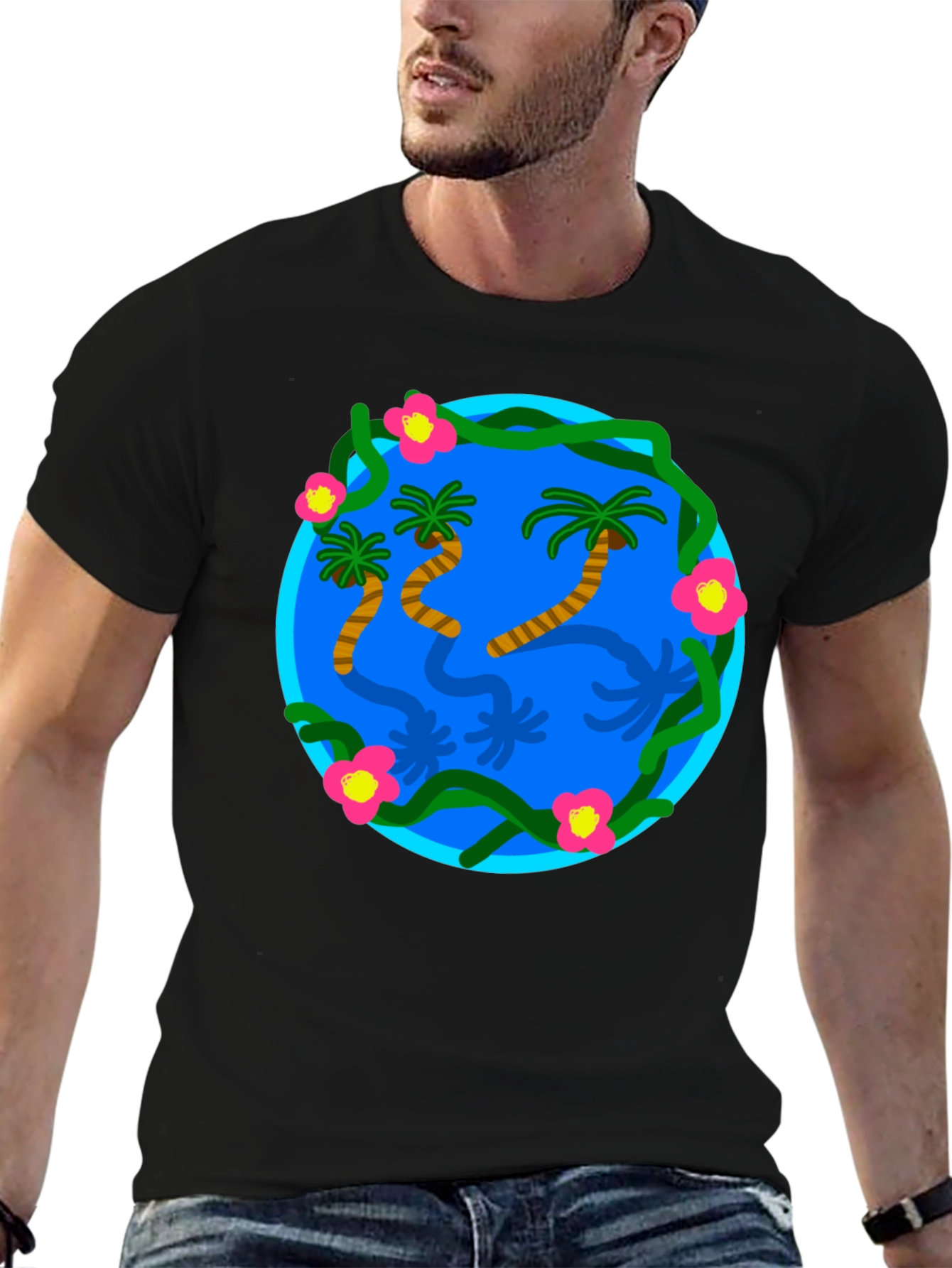 Tropical Island Graphic Black T-Shirt