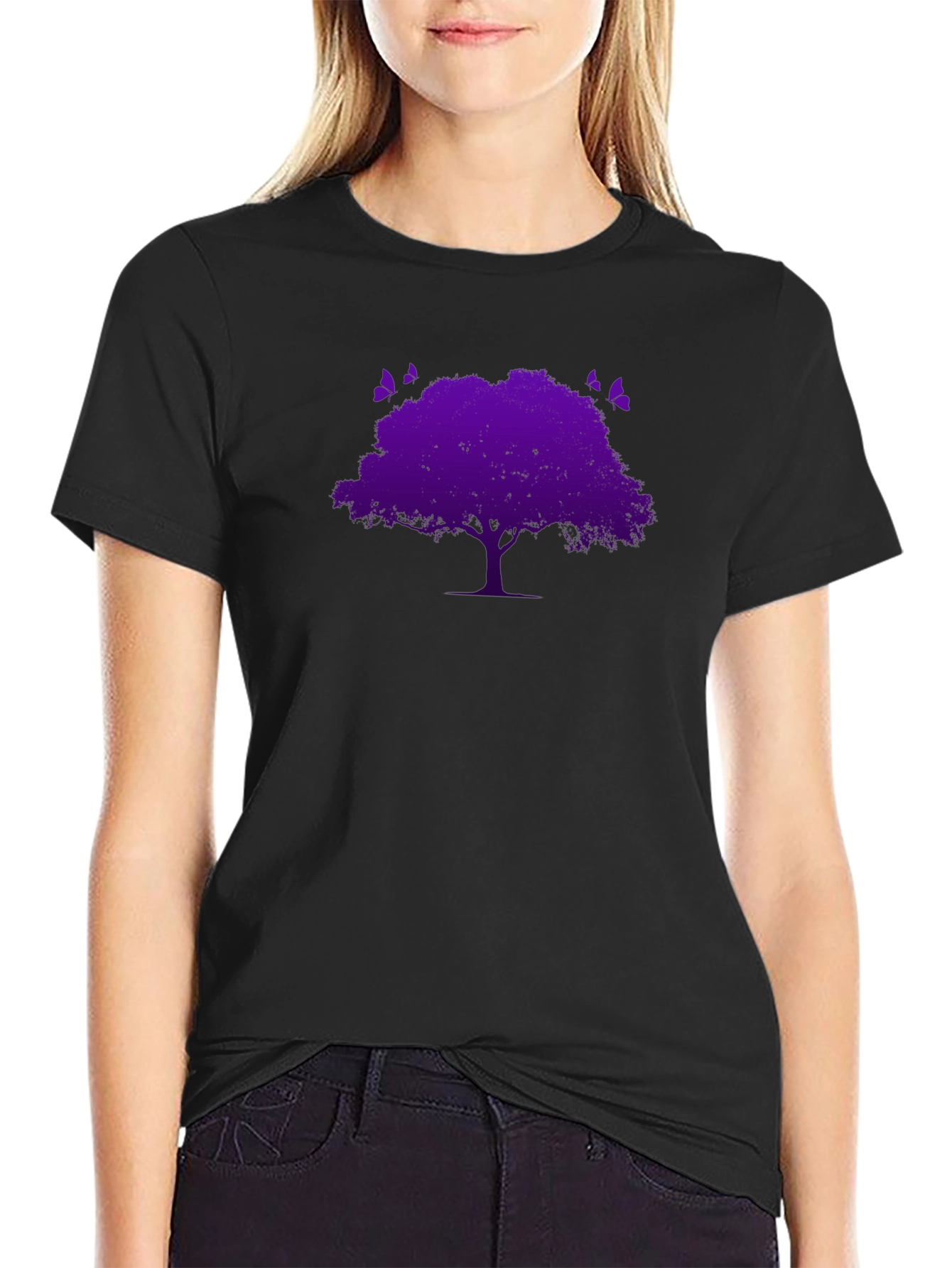 Black T-Shirt with Purple Tree & Butterflies Graphic