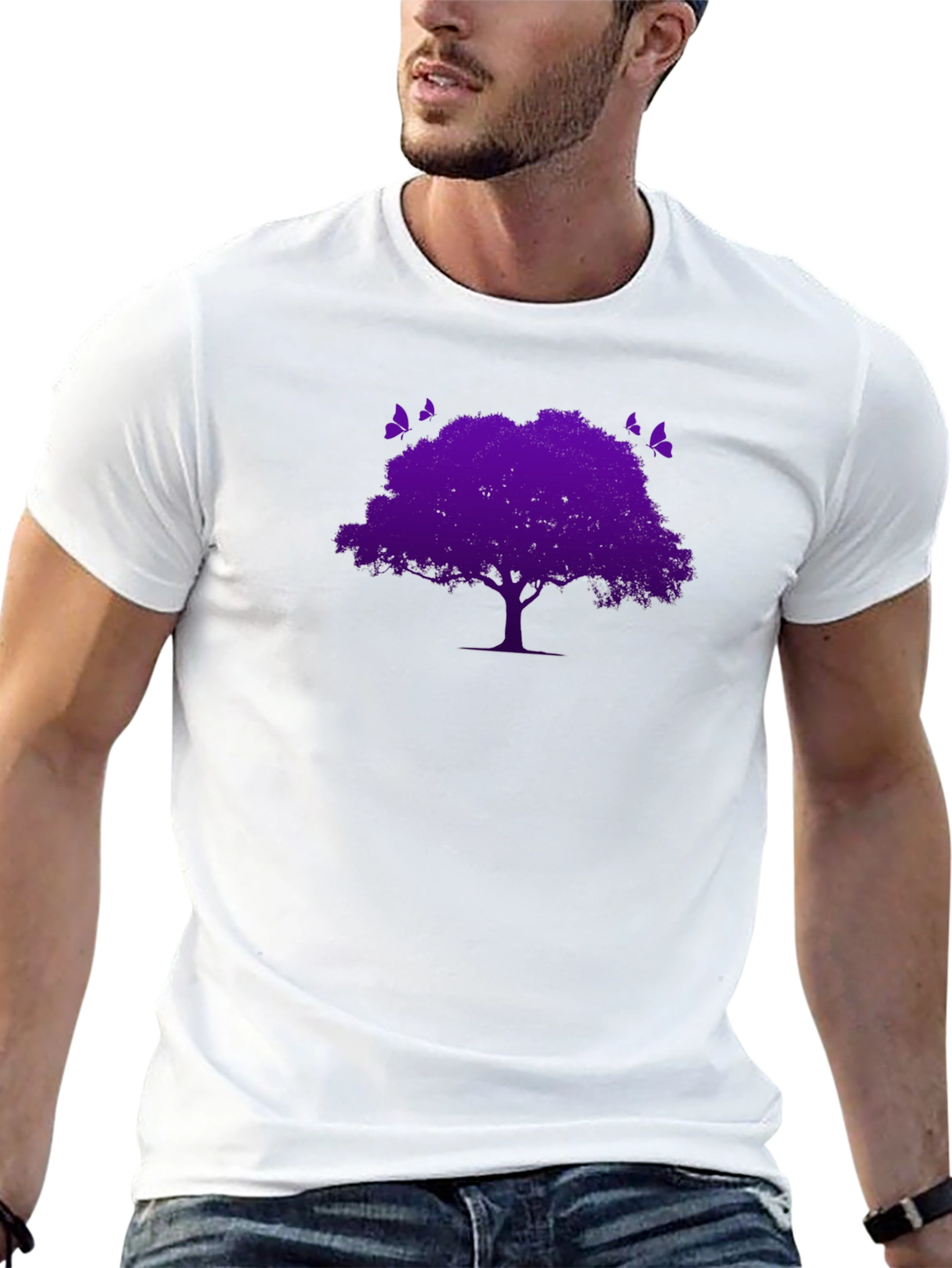Black T-Shirt with Purple Tree & Butterflies Graphic