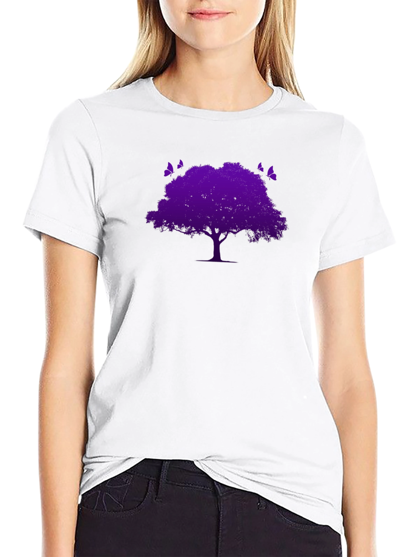 Black T-Shirt with Purple Tree & Butterflies Graphic