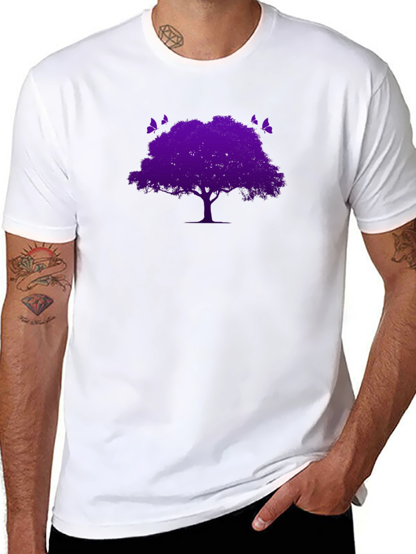 Black T-Shirt with Purple Tree & Butterflies Graphic