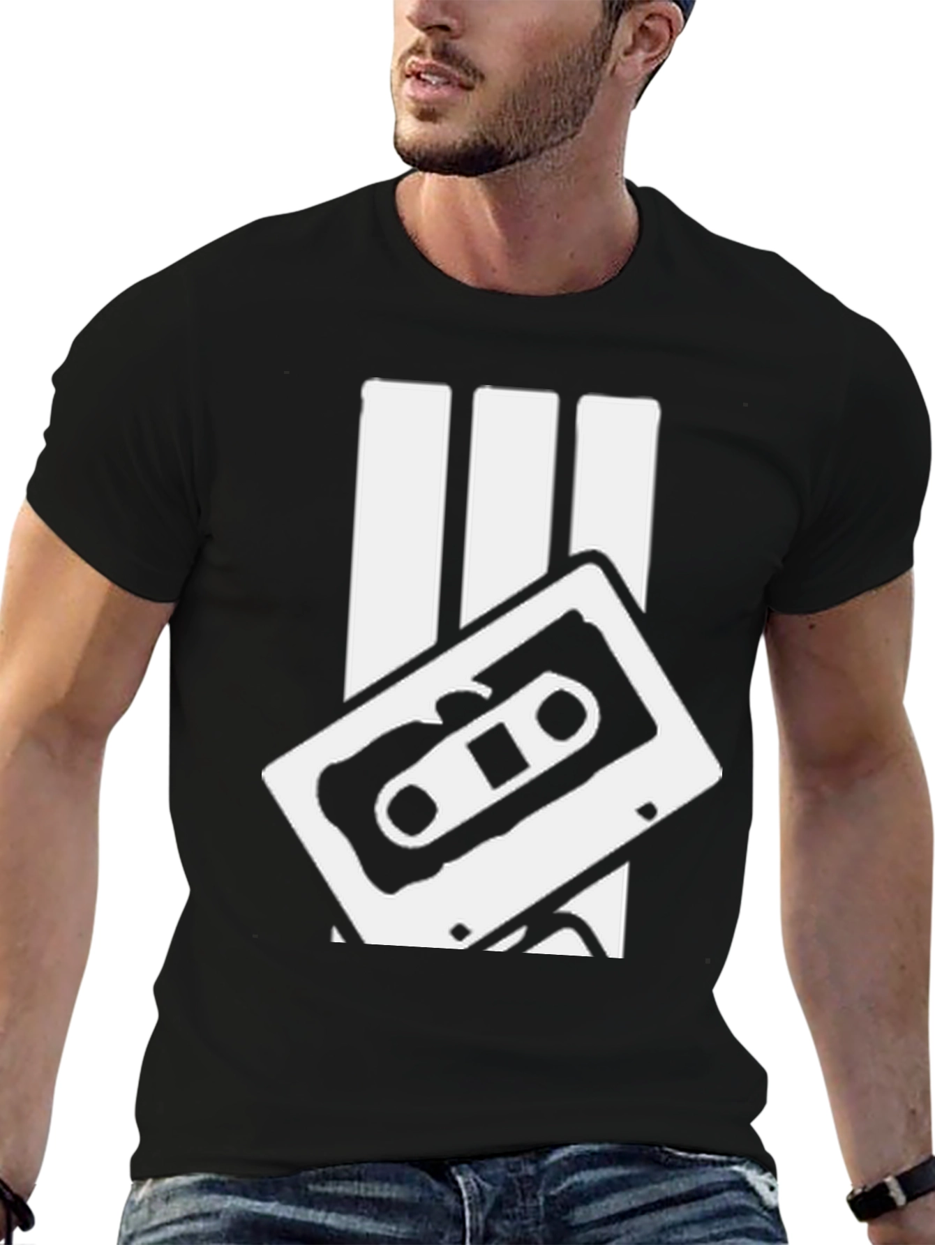 Retro Cassette Tape Graphic Tee - Black Cotton T-Shirt