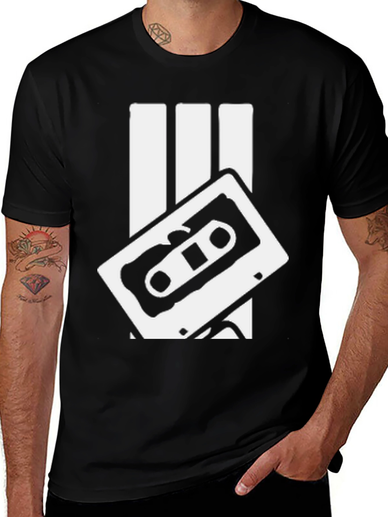 Retro Cassette Tape Graphic Tee - Black Cotton T-Shirt