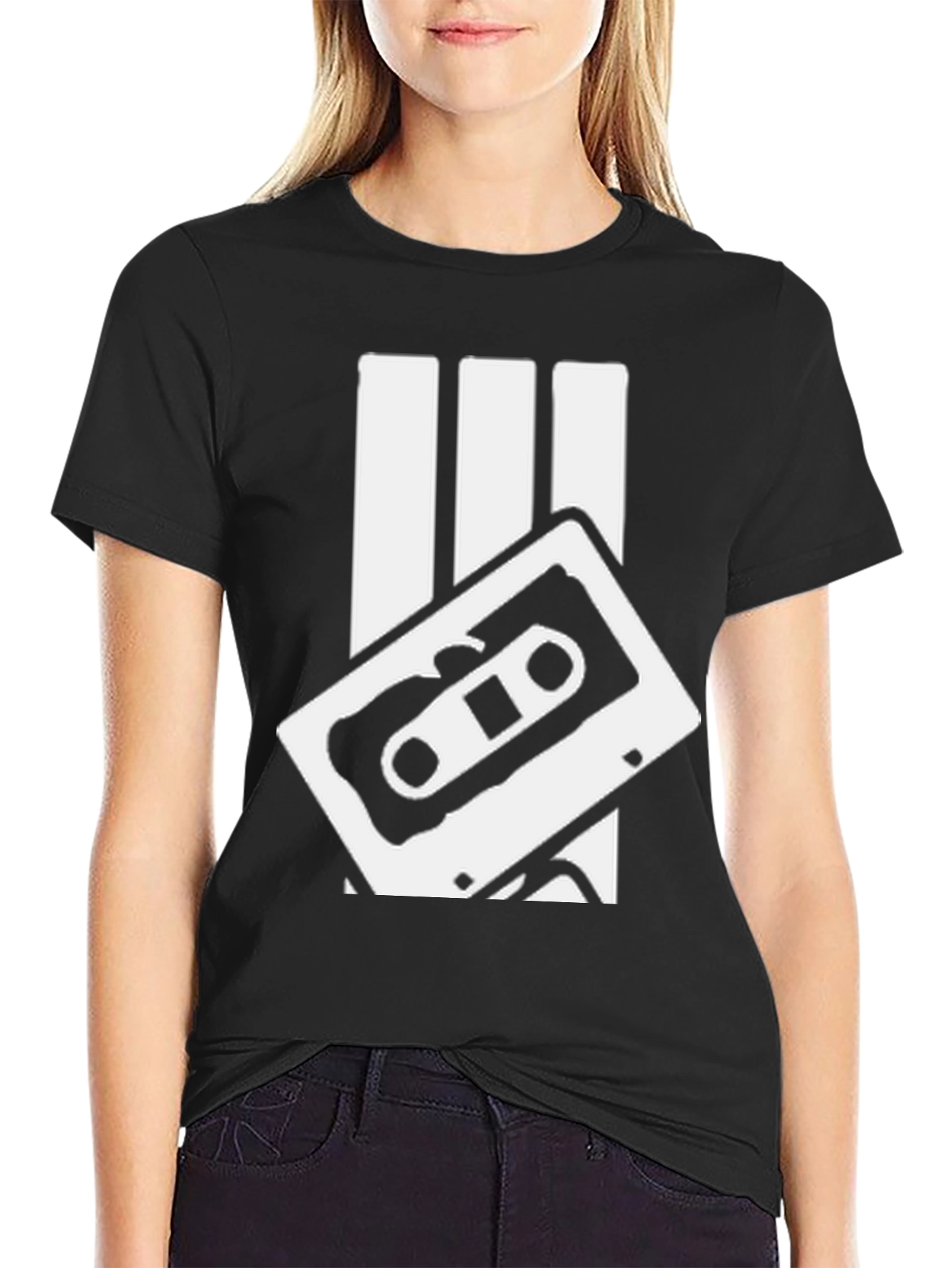 Retro Cassette Tape Graphic Tee - Black Cotton T-Shirt
