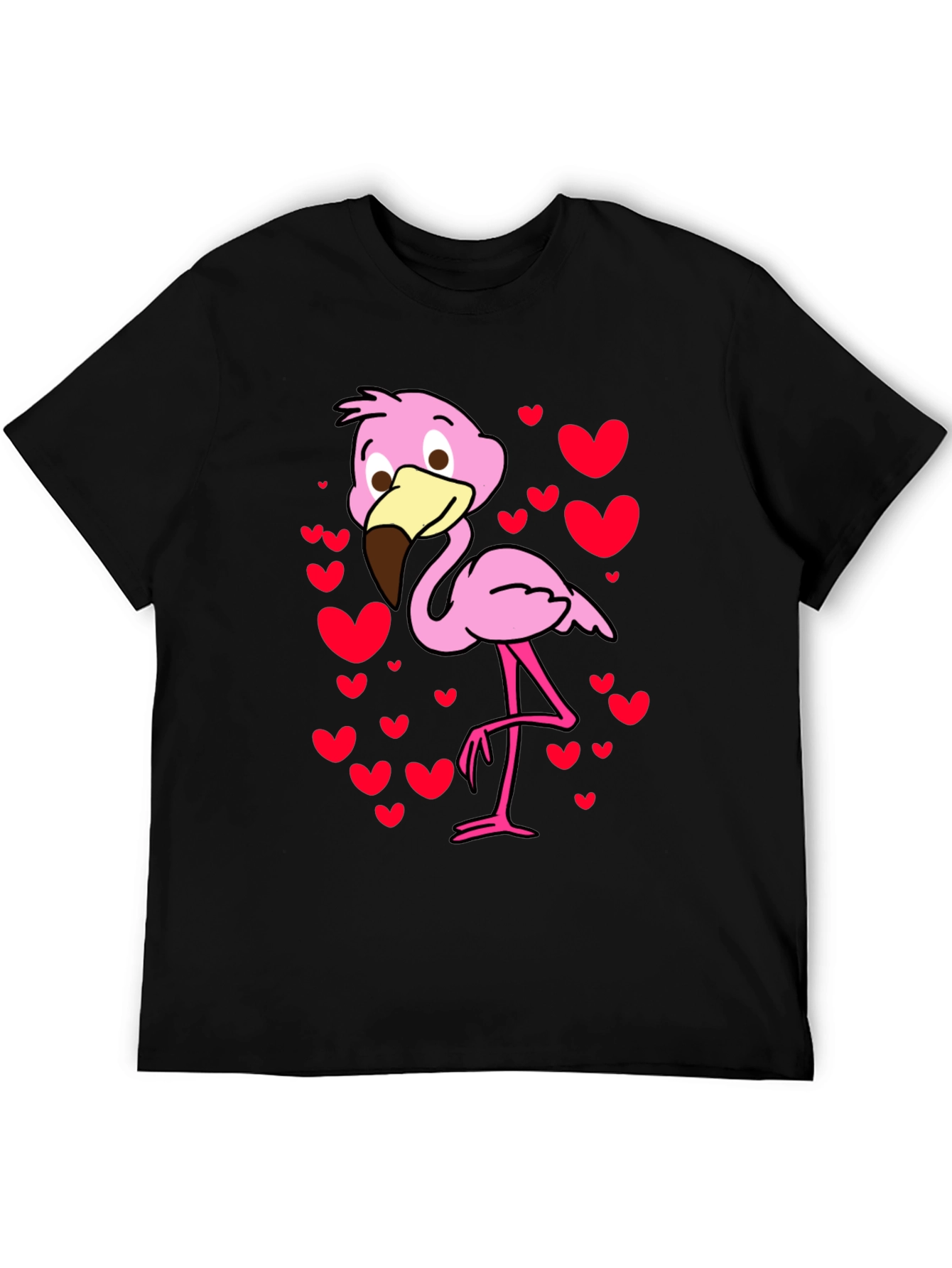 Cute Flamingo Heart Print Black T-Shirt