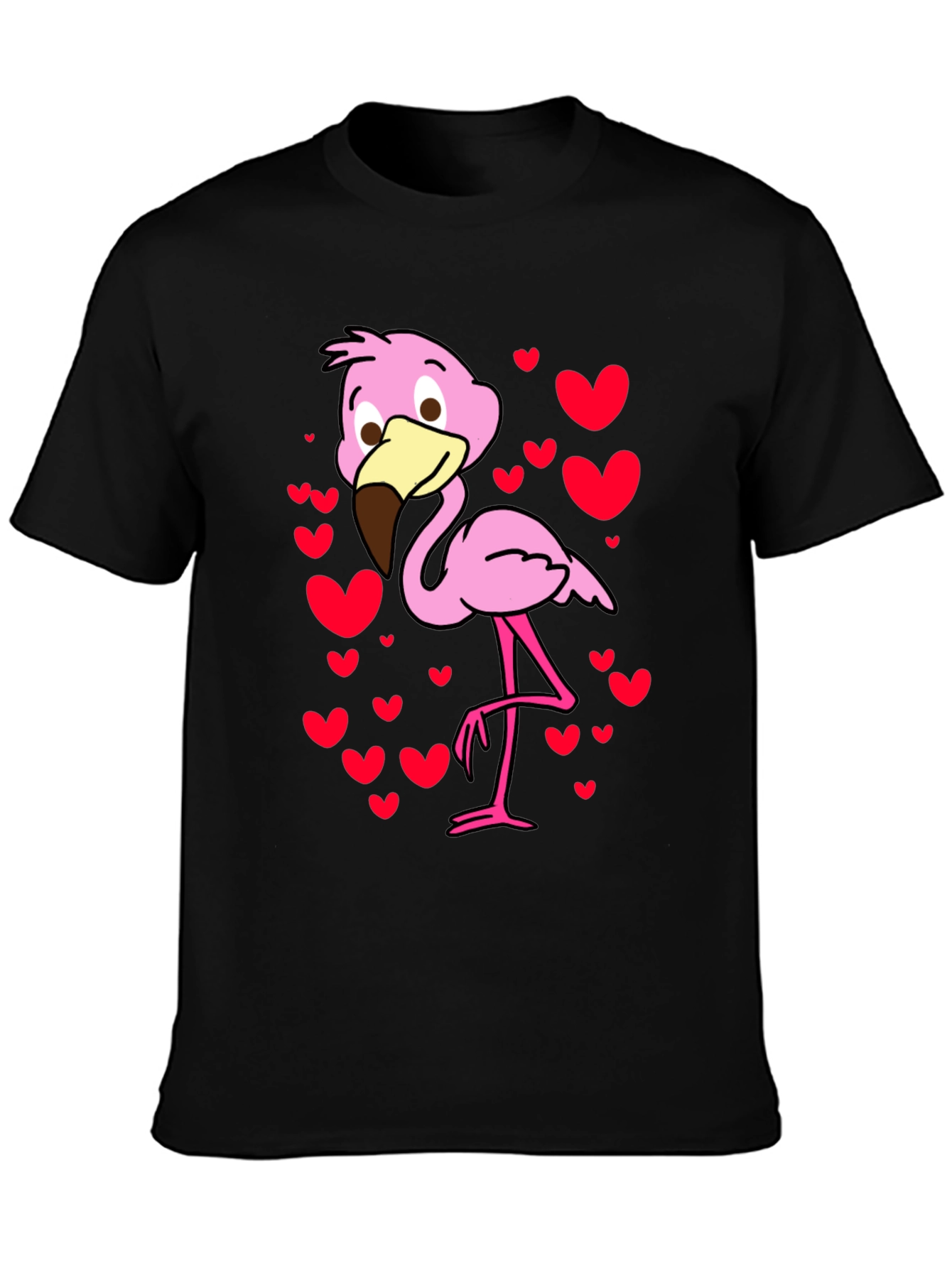 Cute Flamingo Heart Print Black T-Shirt