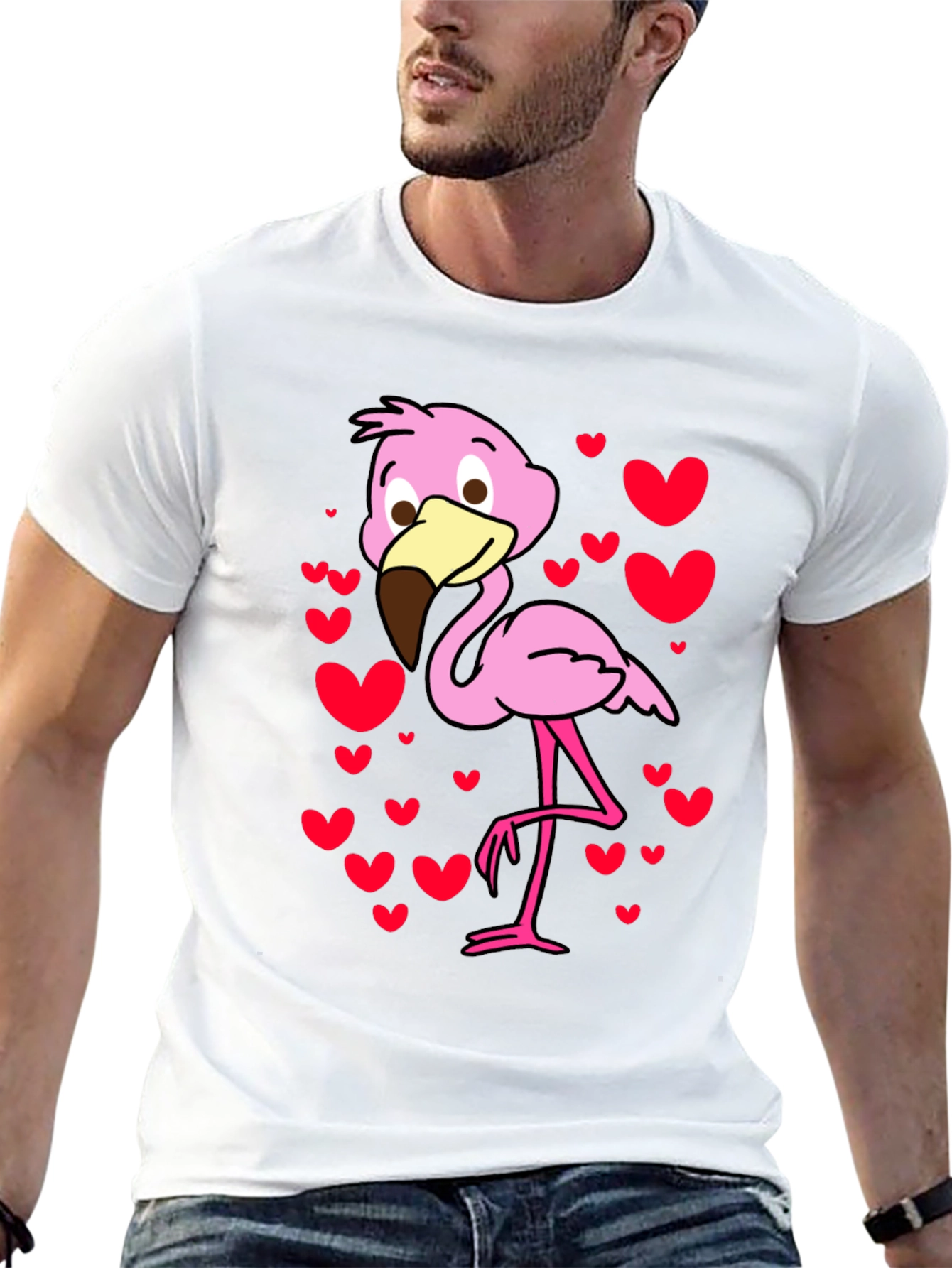 Cute Flamingo Heart Print Black T-Shirt