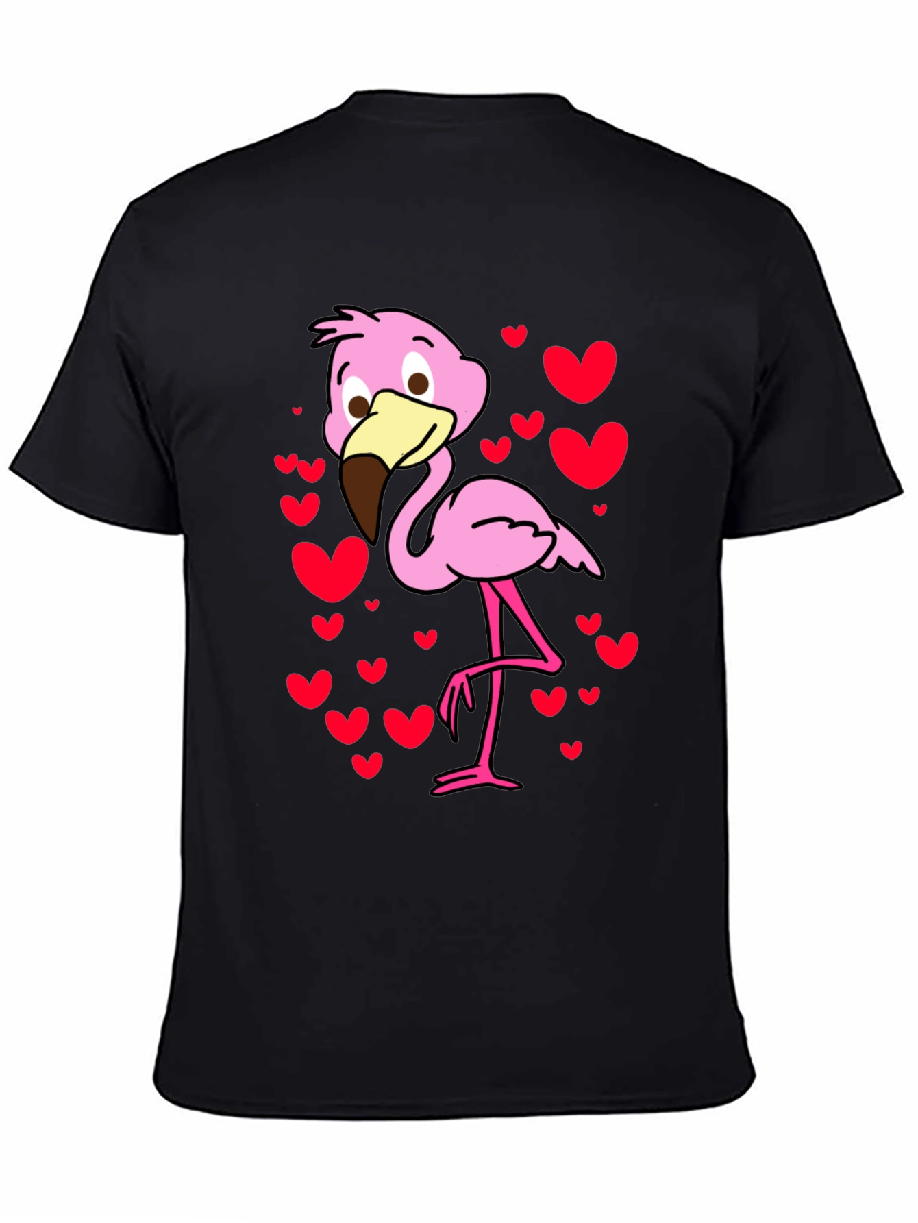 Cute Flamingo Heart Print Black T-Shirt