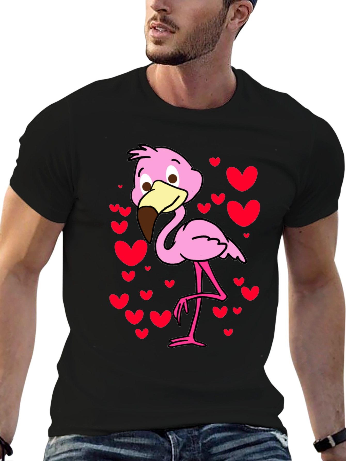 Cute Flamingo Heart Print Black T-Shirt