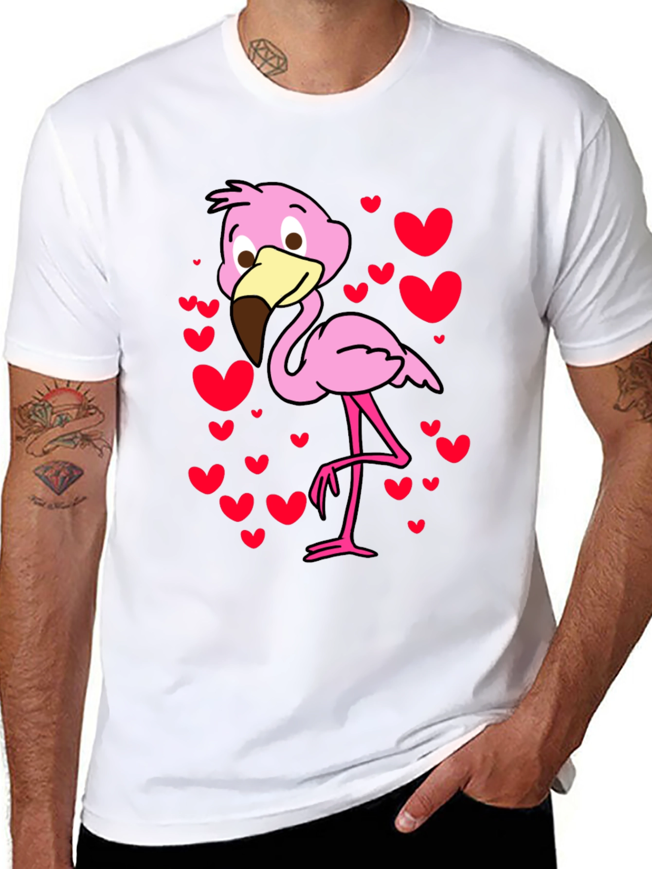 Cute Flamingo Heart Print Black T-Shirt