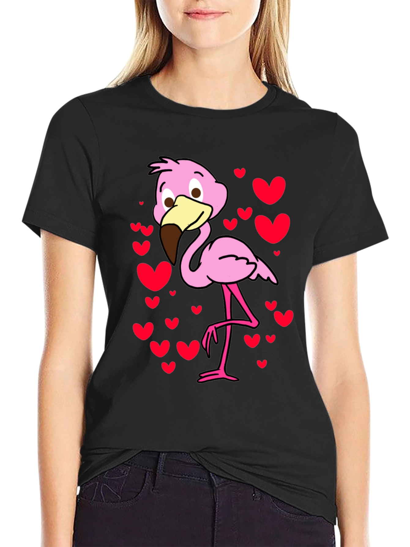 Cute Flamingo Heart Print Black T-Shirt