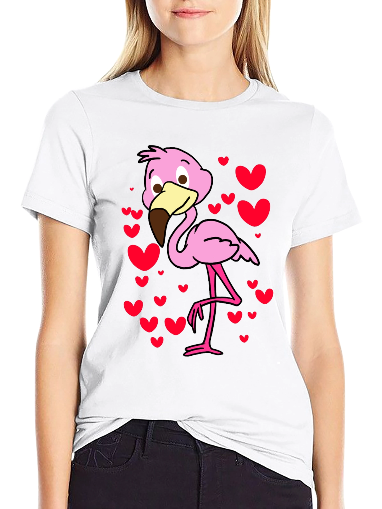 Cute Flamingo Heart Print Black T-Shirt