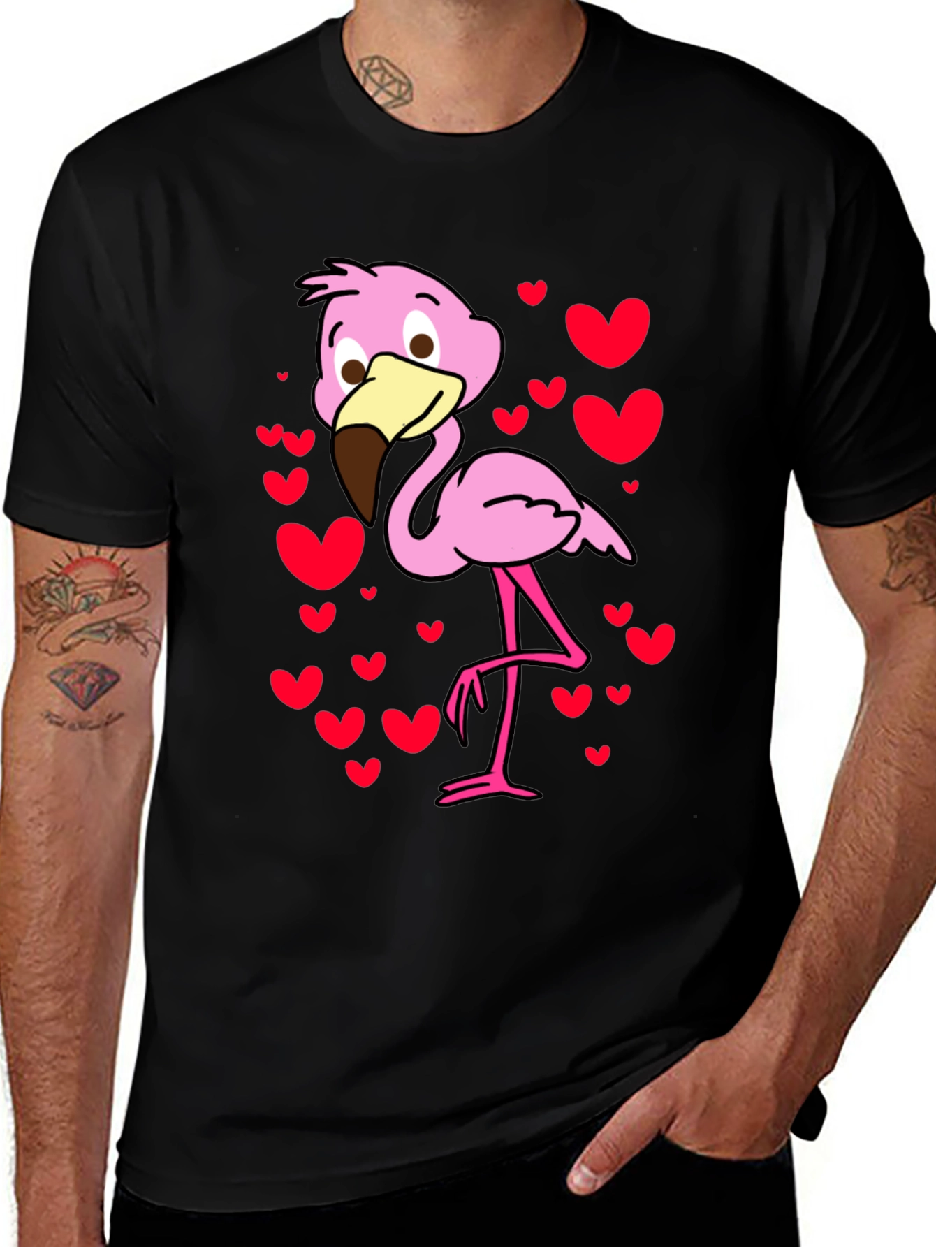 Cute Flamingo Heart Print Black T-Shirt