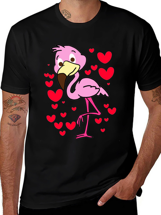 Cute Flamingo Heart Print Black T-Shirt