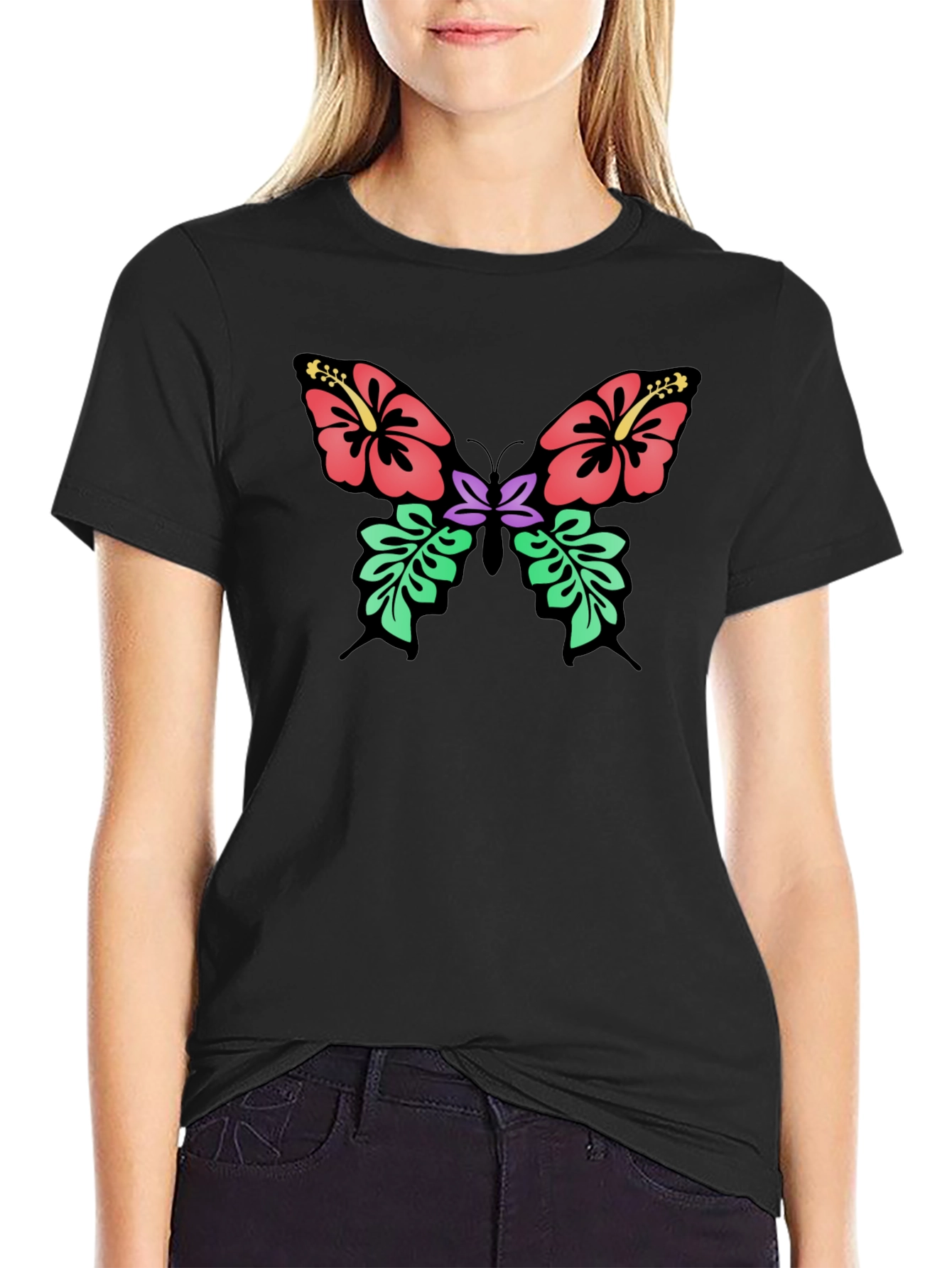 Floral Butterfly Graphic T-Shirt - Black