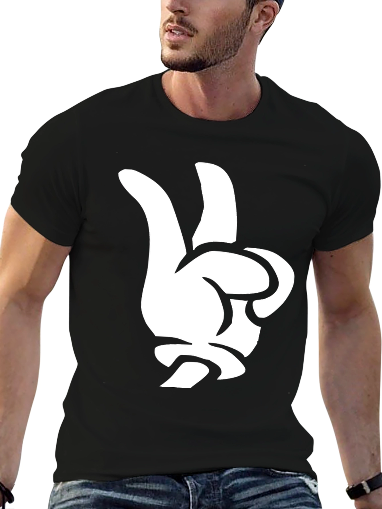Peace Sign Hand Graphic Tee - Black Cotton T-Shirt