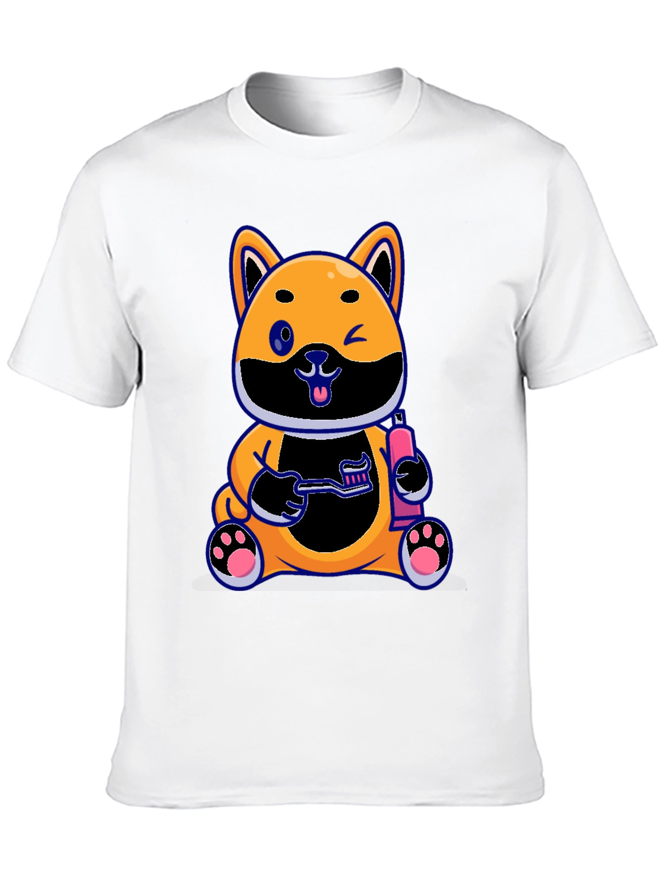 Cute Dog with Toothbrush Graphic Black T-Shirt