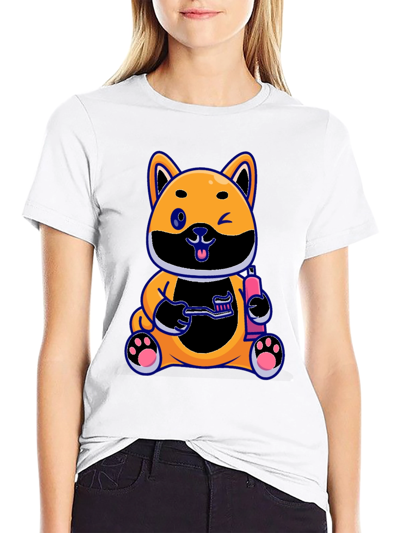 Cute Dog with Toothbrush Graphic Black T-Shirt