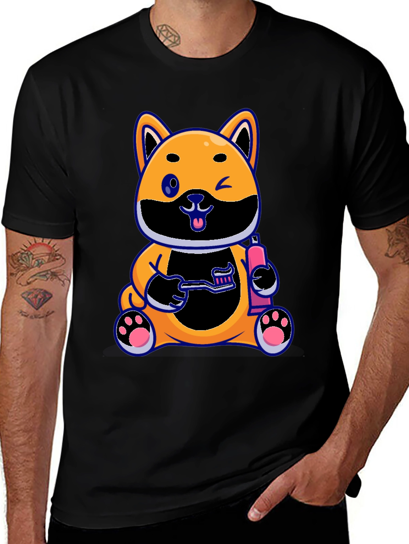 Cute Dog with Toothbrush Graphic Black T-Shirt
