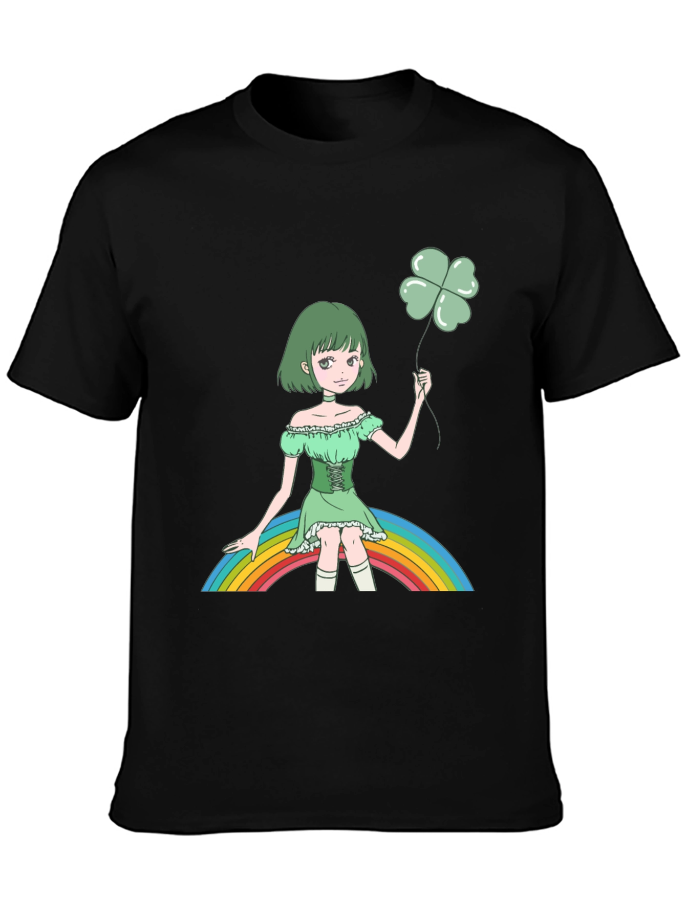 Anime Girl Clover Rainbow Black T-Shirt