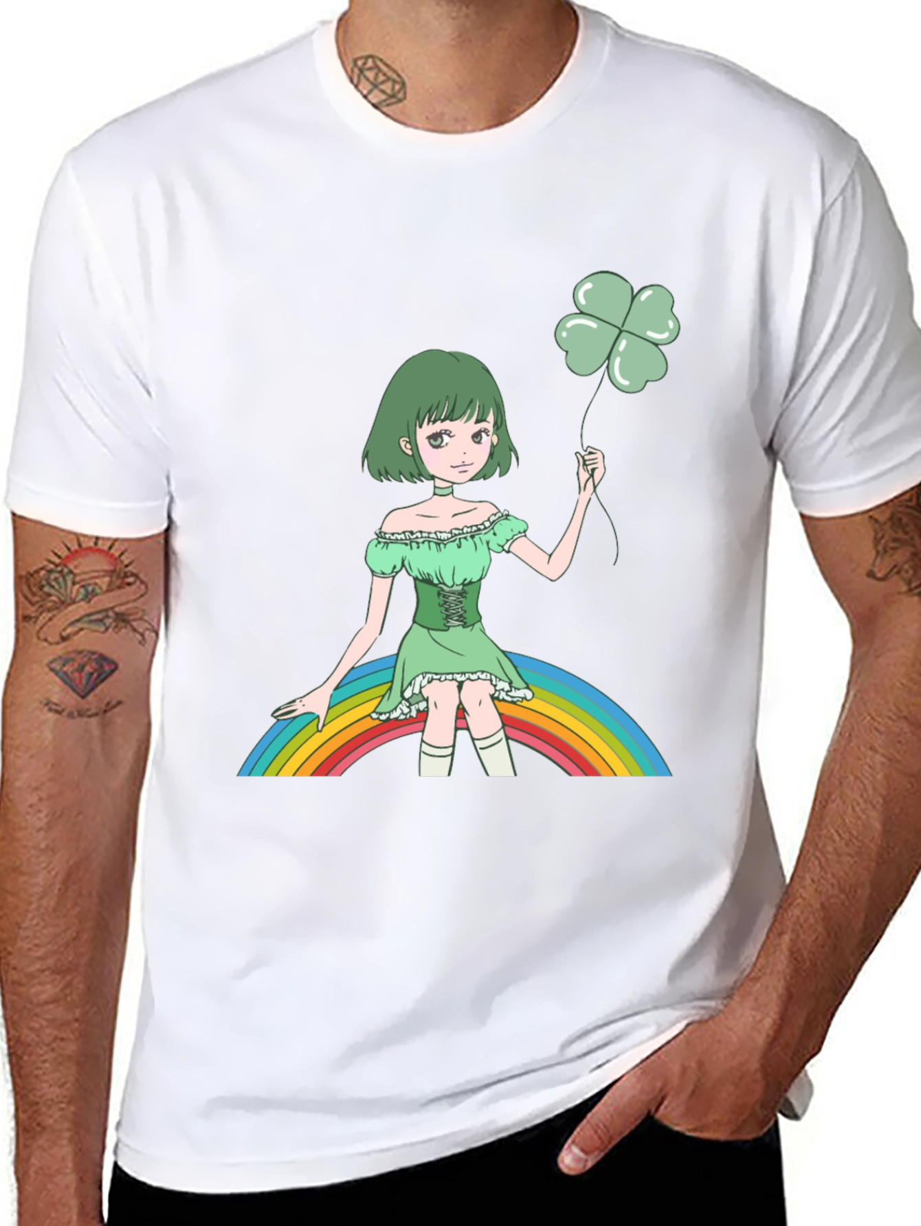 Anime Girl Clover Rainbow Black T-Shirt