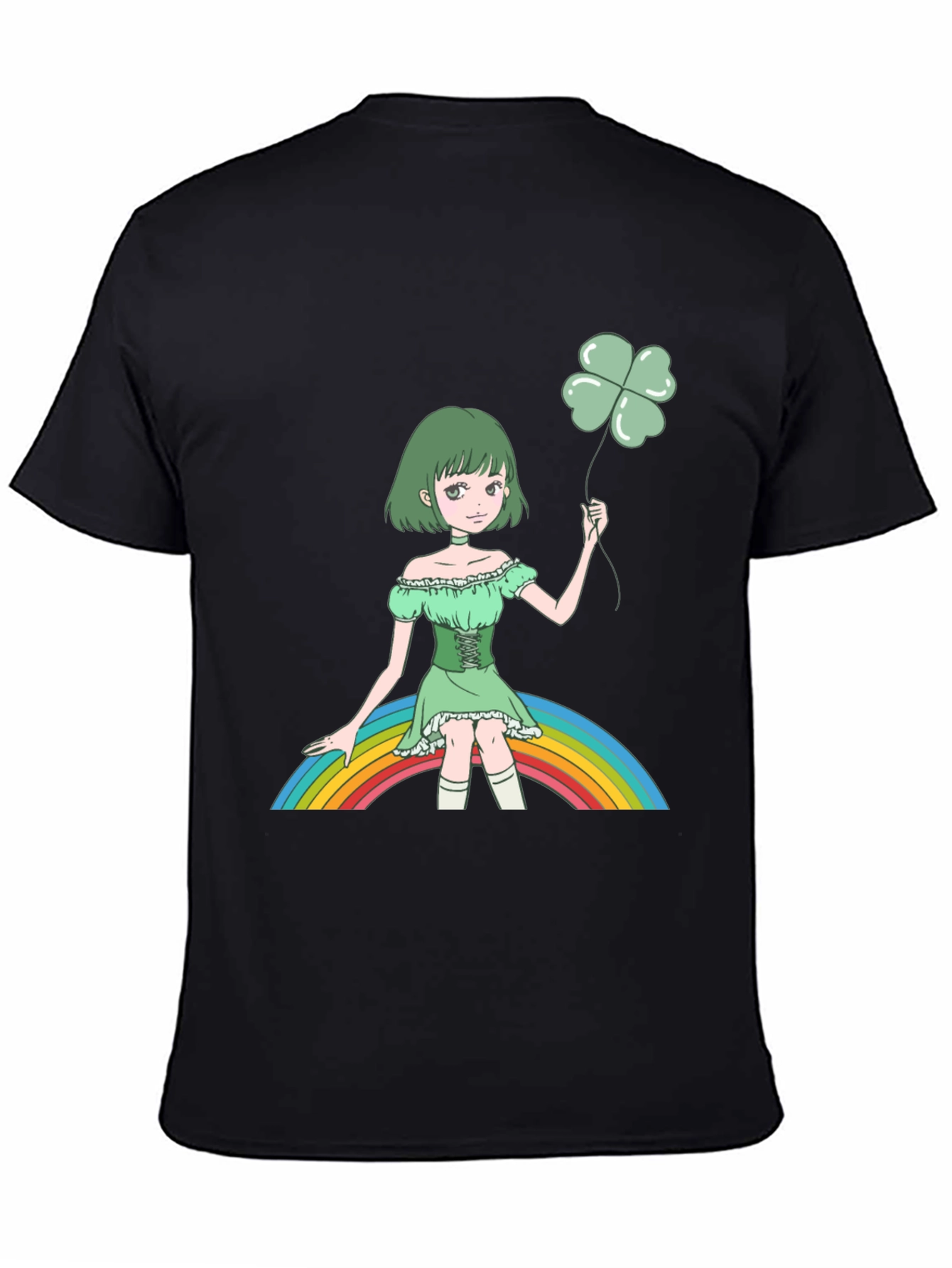 Anime Girl Clover Rainbow Black T-Shirt