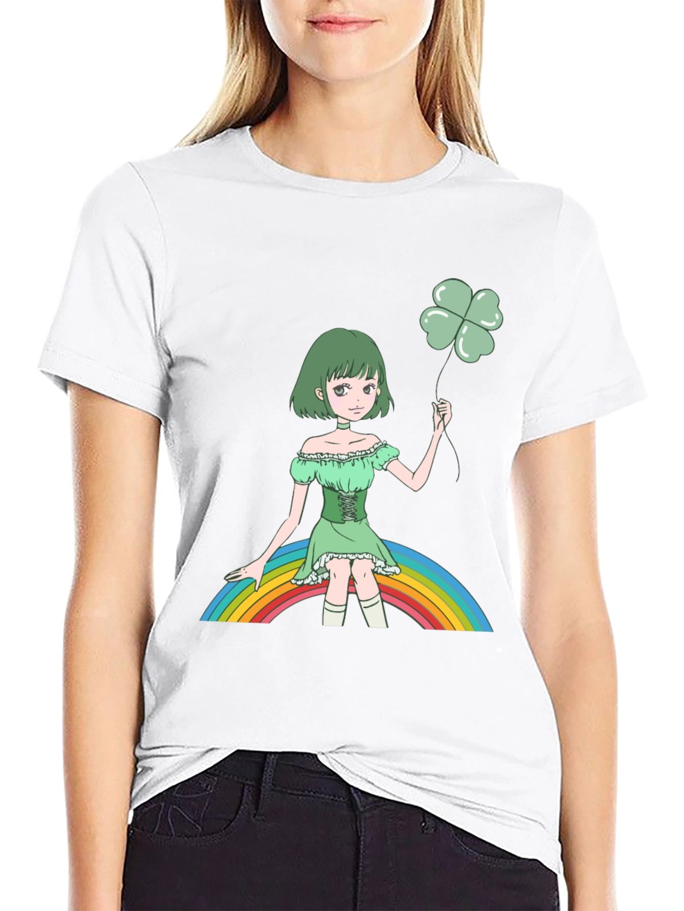 Anime Girl Clover Rainbow Black T-Shirt