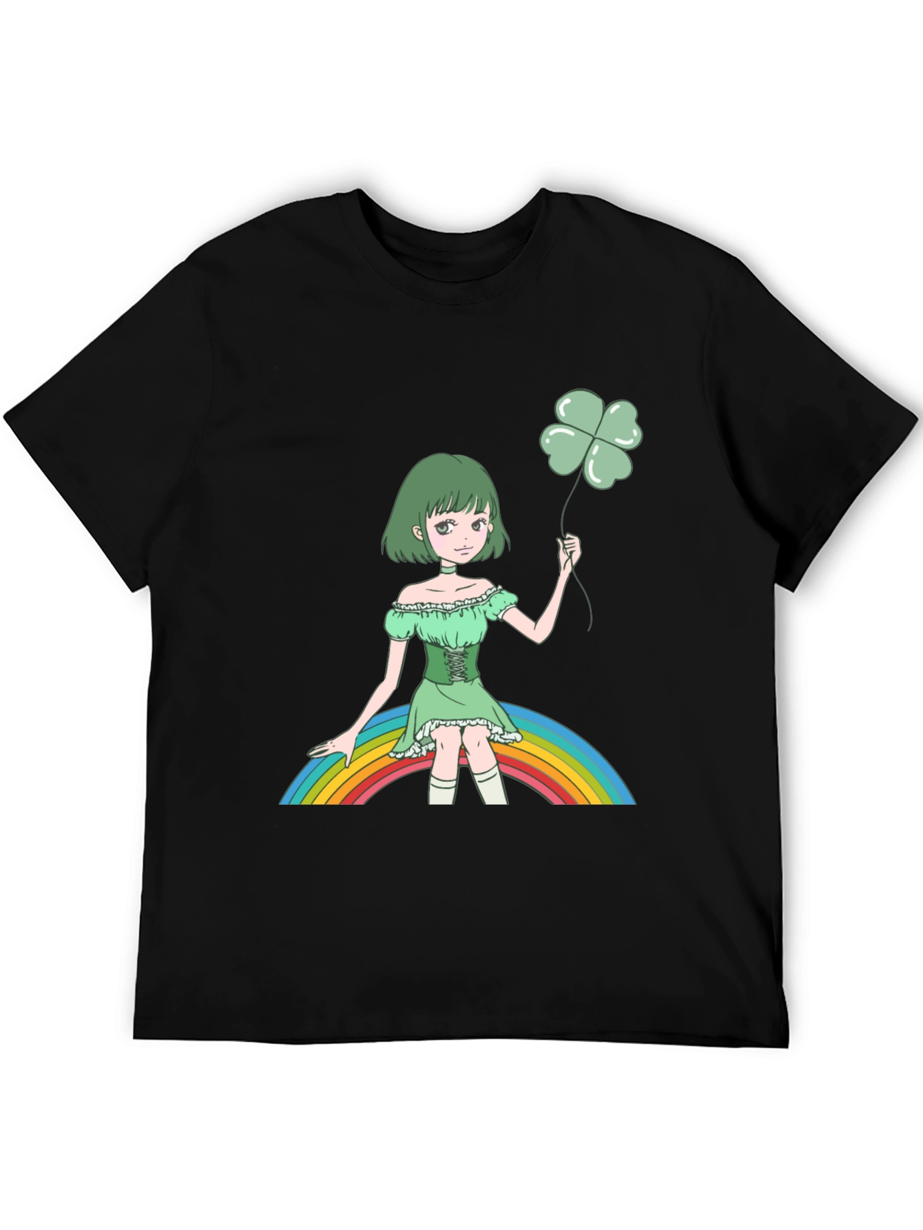 Anime Girl Clover Rainbow Black T-Shirt