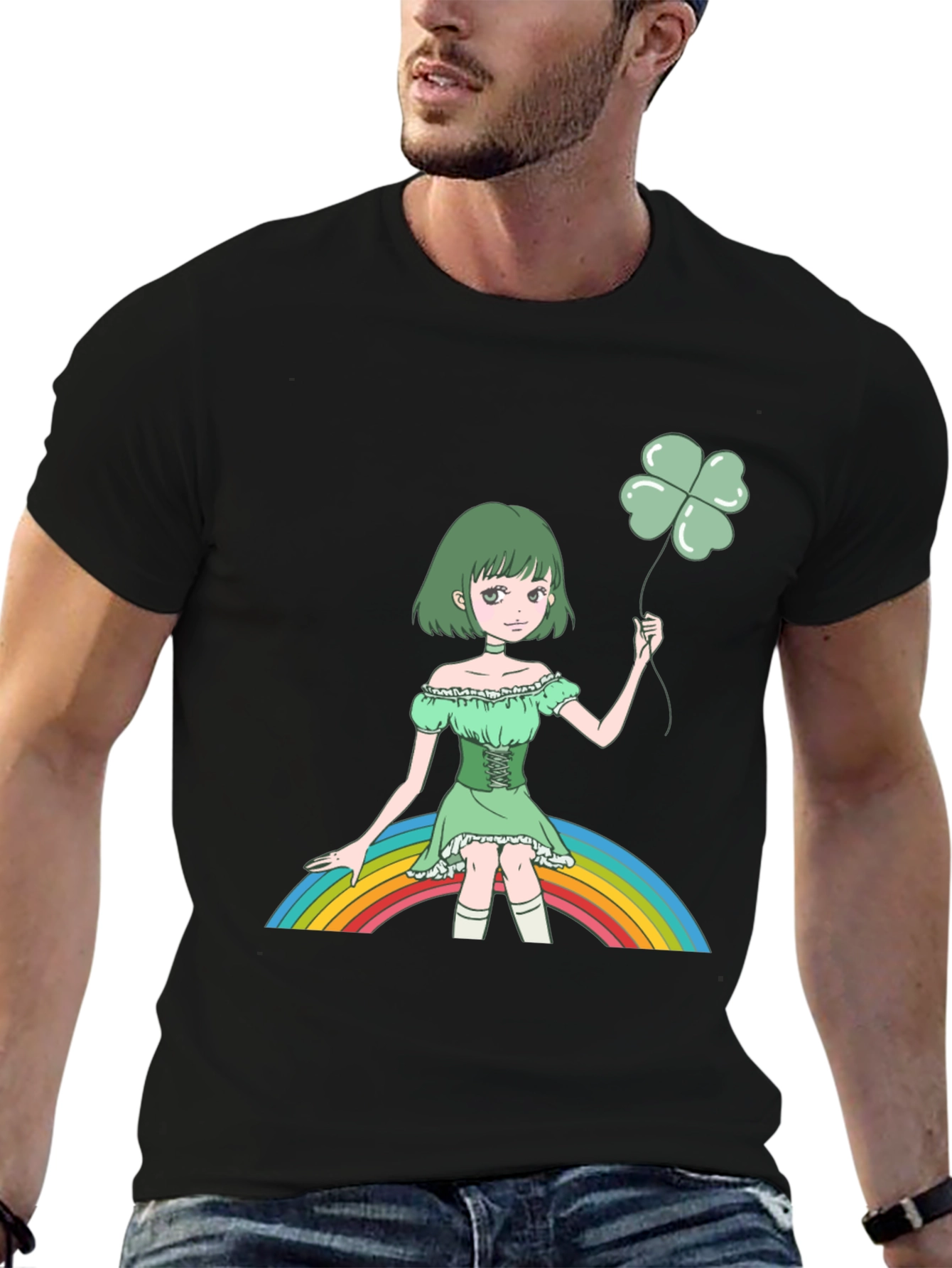 Anime Girl Clover Rainbow Black T-Shirt