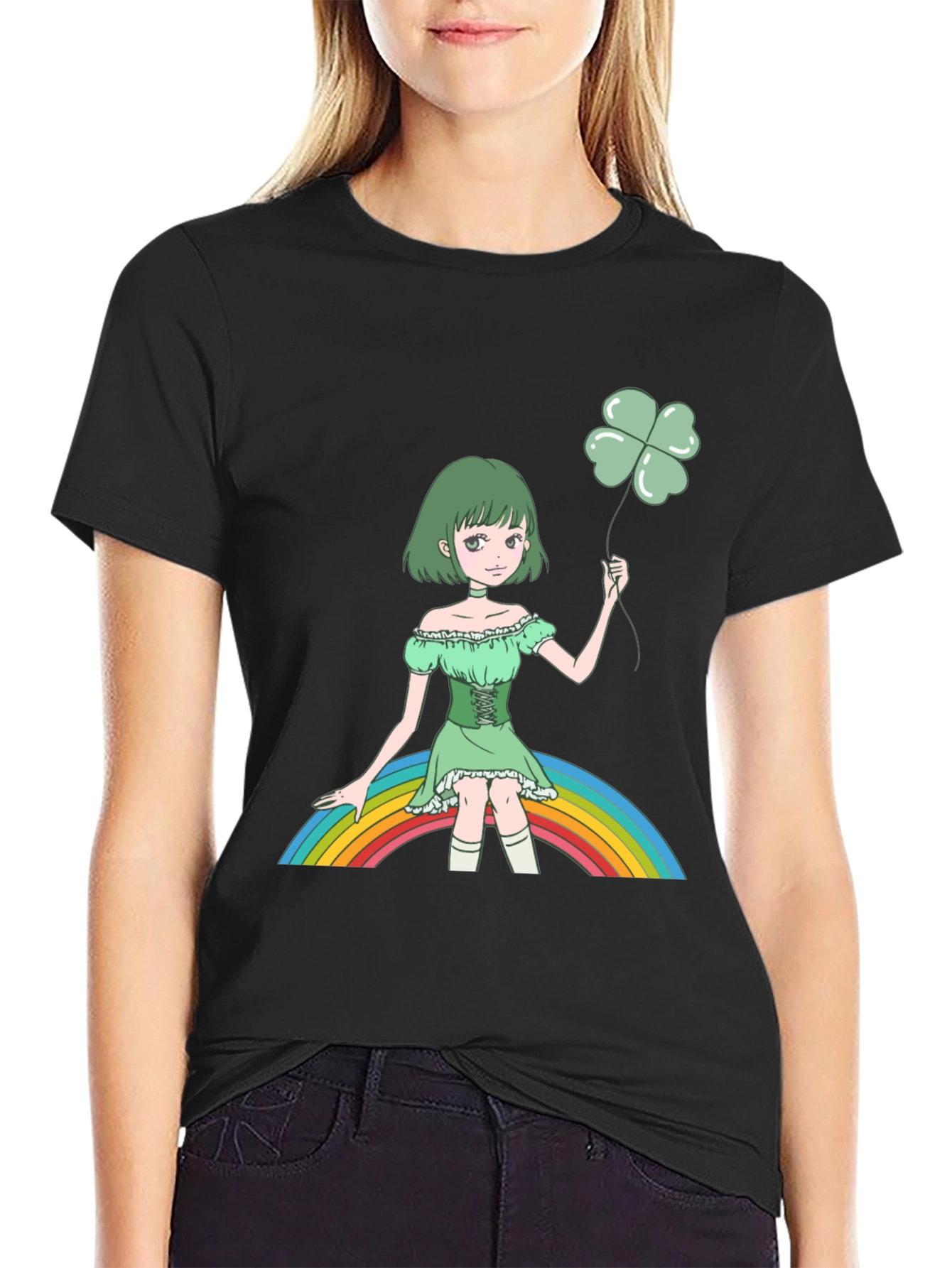 Anime Girl Clover Rainbow Black T-Shirt