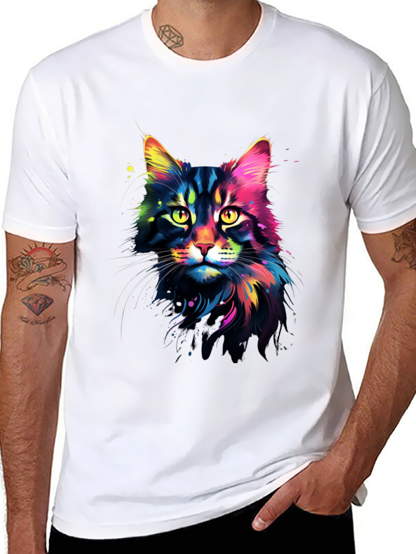 Vibrant Cat Graphic Tee - Unisex Black T-Shirt
