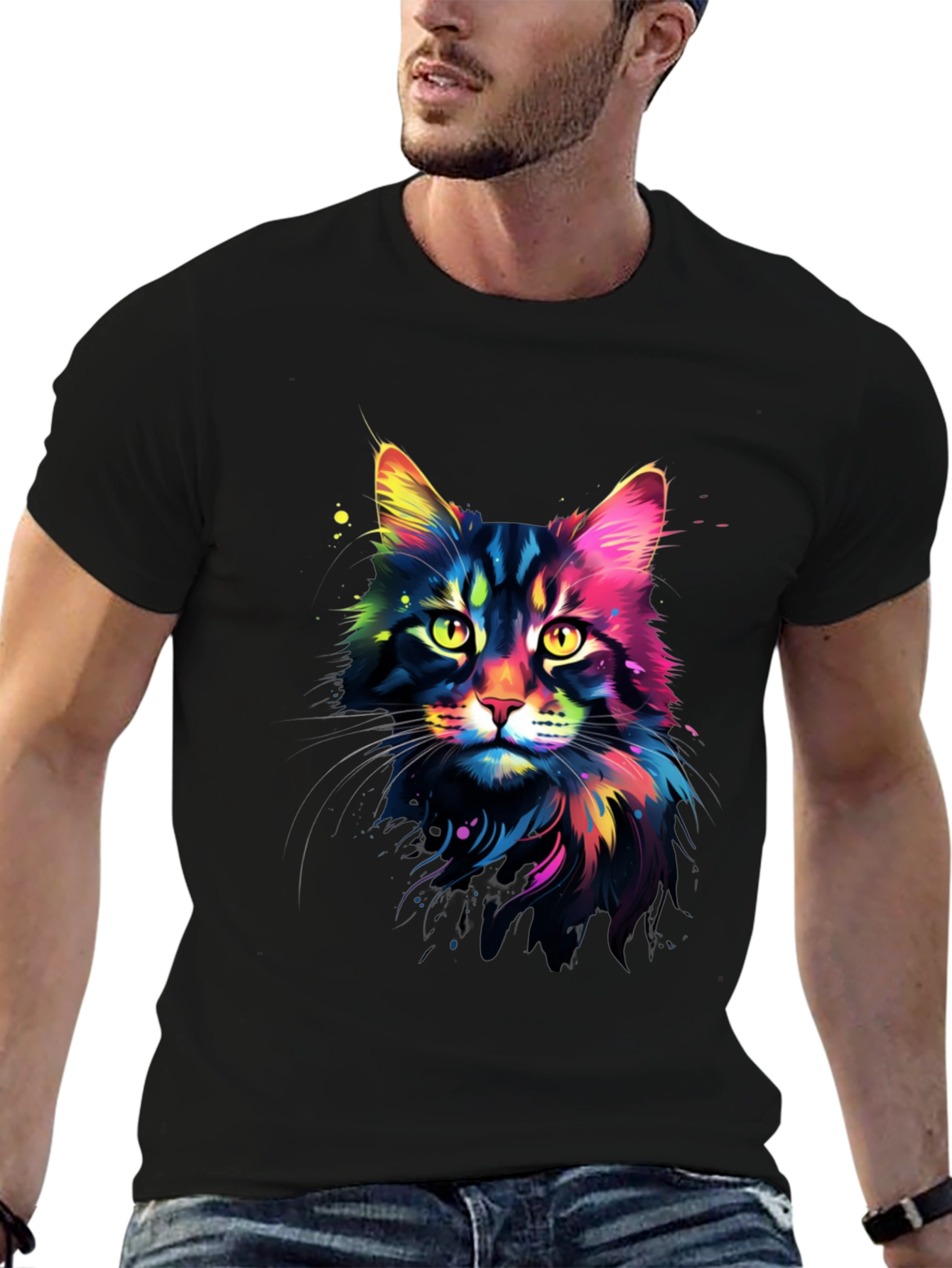 Vibrant Cat Graphic Tee - Unisex Black T-Shirt