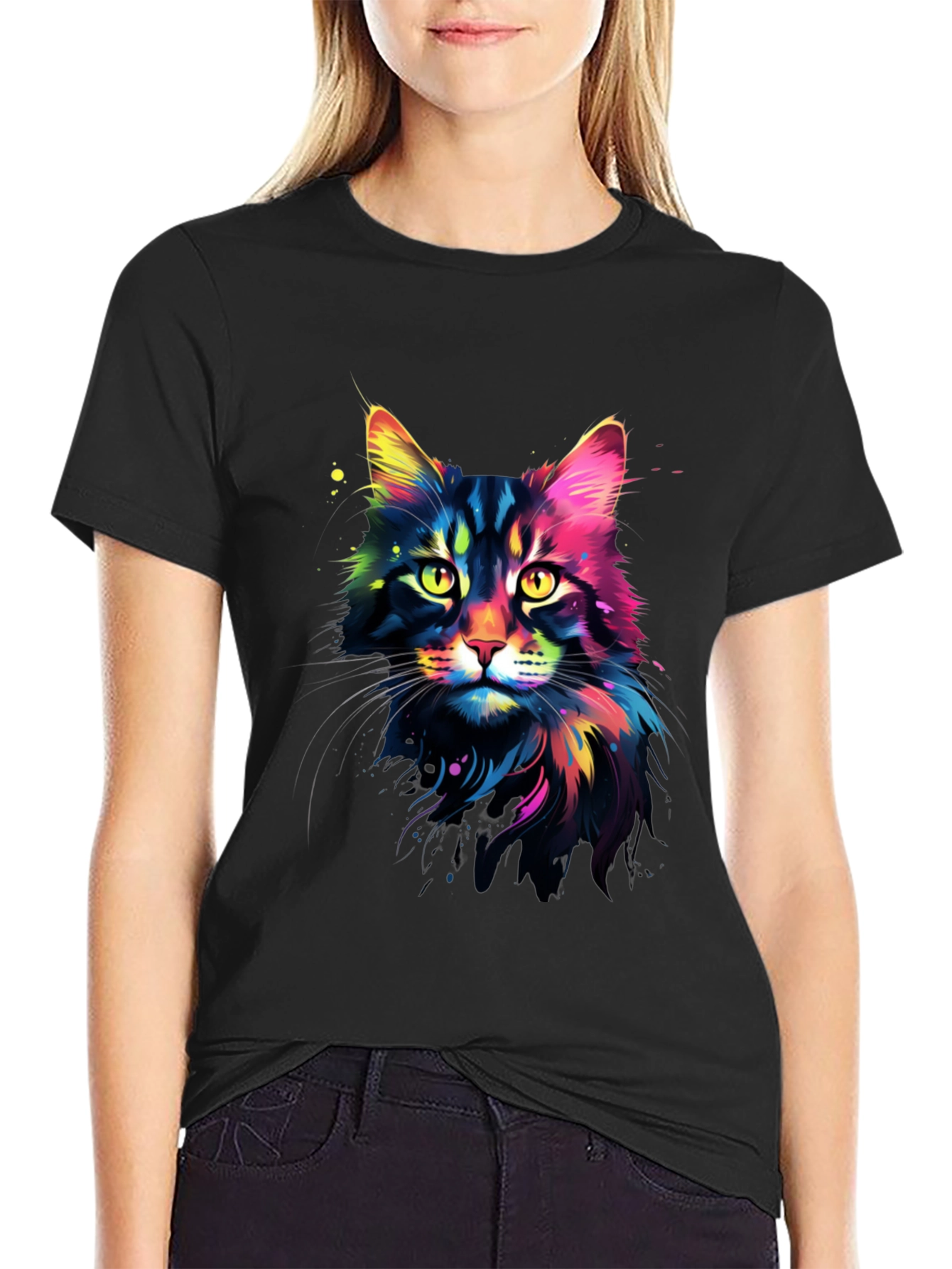 Vibrant Cat Graphic Tee - Unisex Black T-Shirt