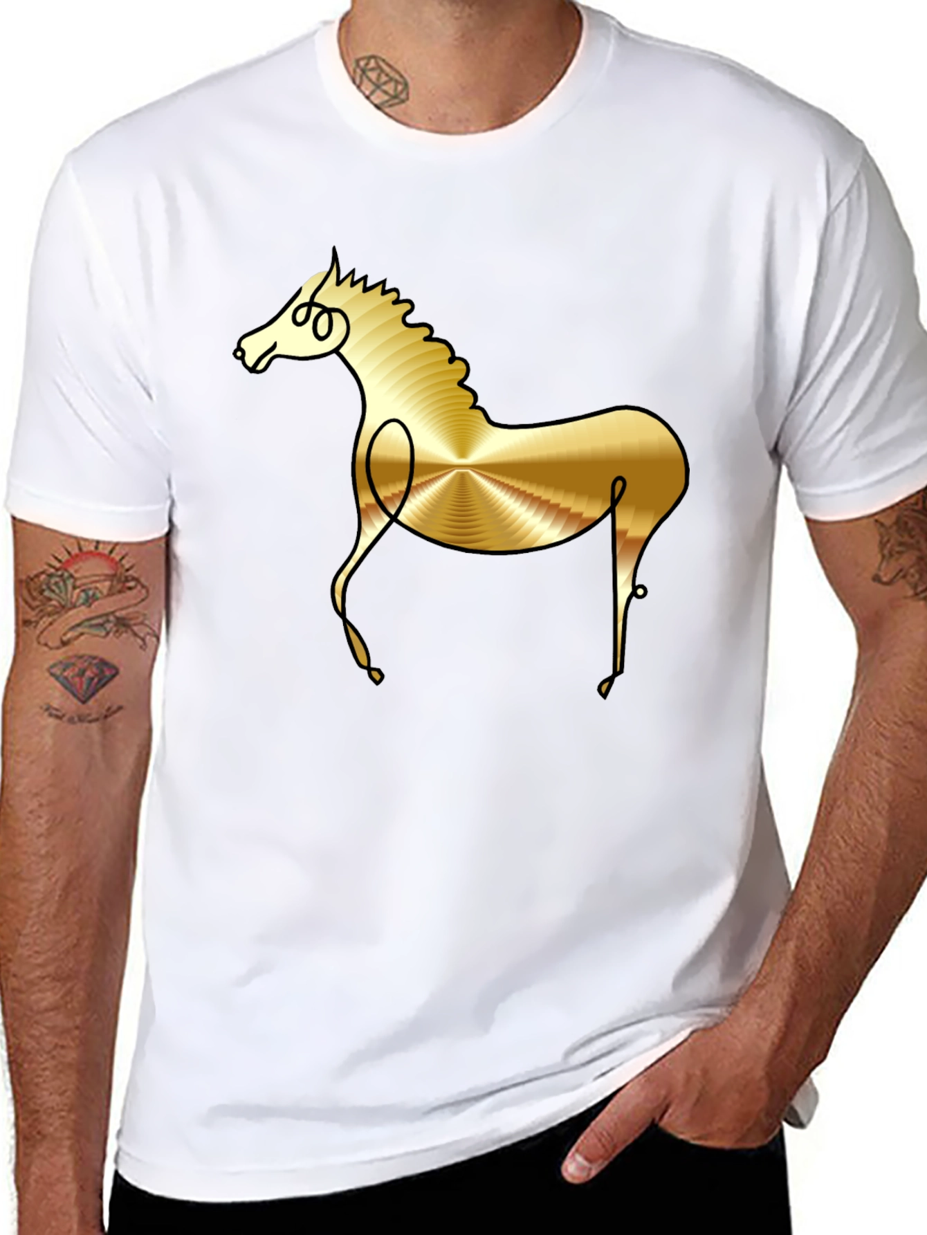 Abstract Golden Horse Graphic Black T-Shirt