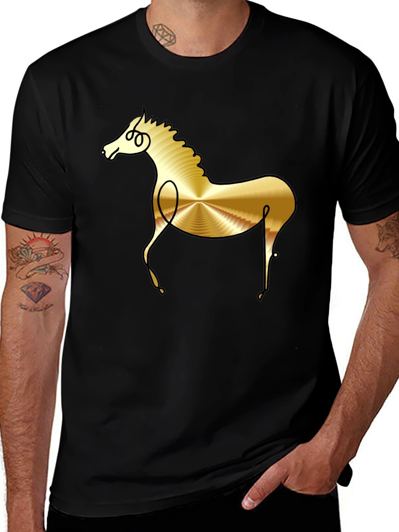 Abstract Golden Horse Graphic Black T-Shirt